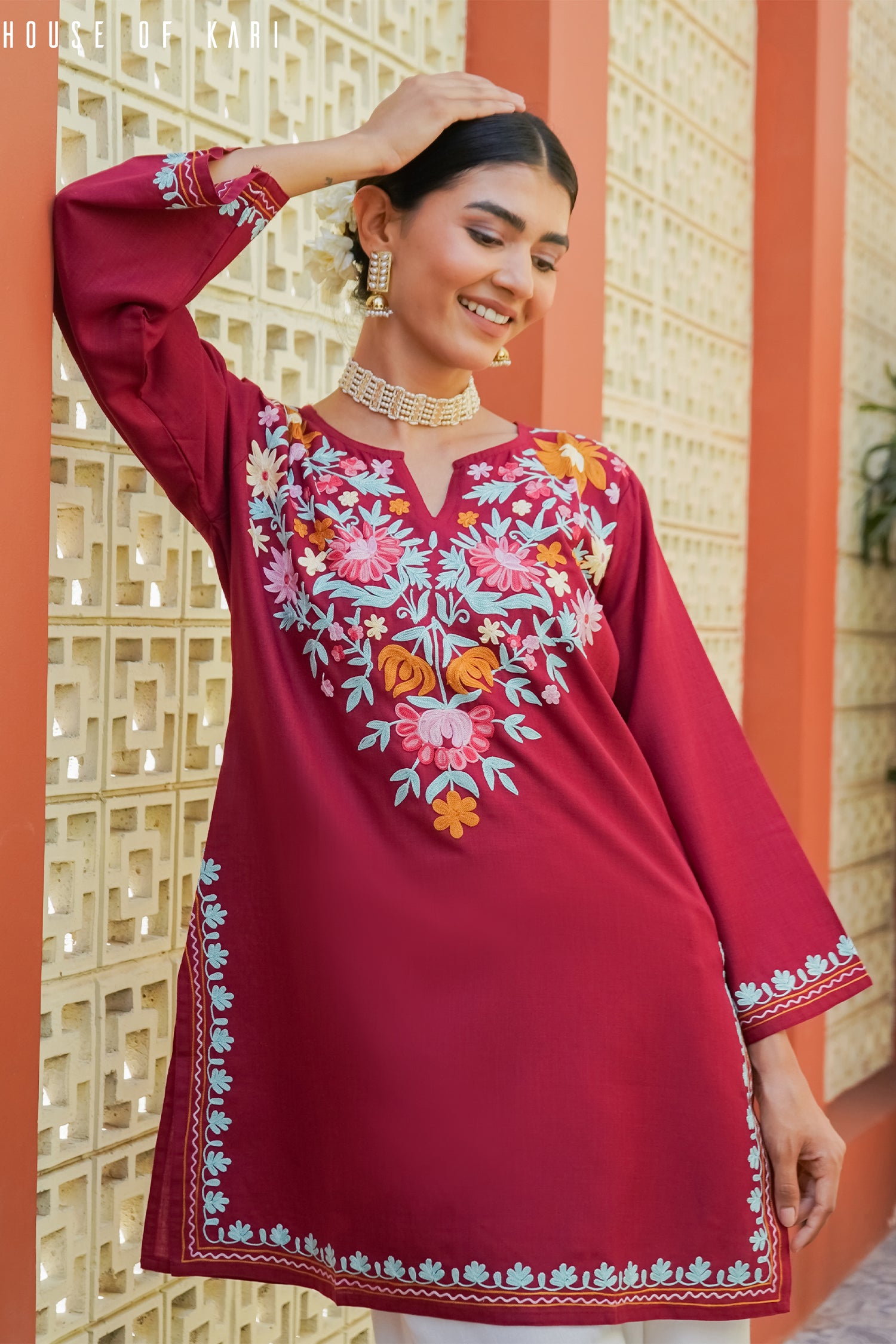 Kashmiri Aari Work Cotton Short Kurta – Maroon