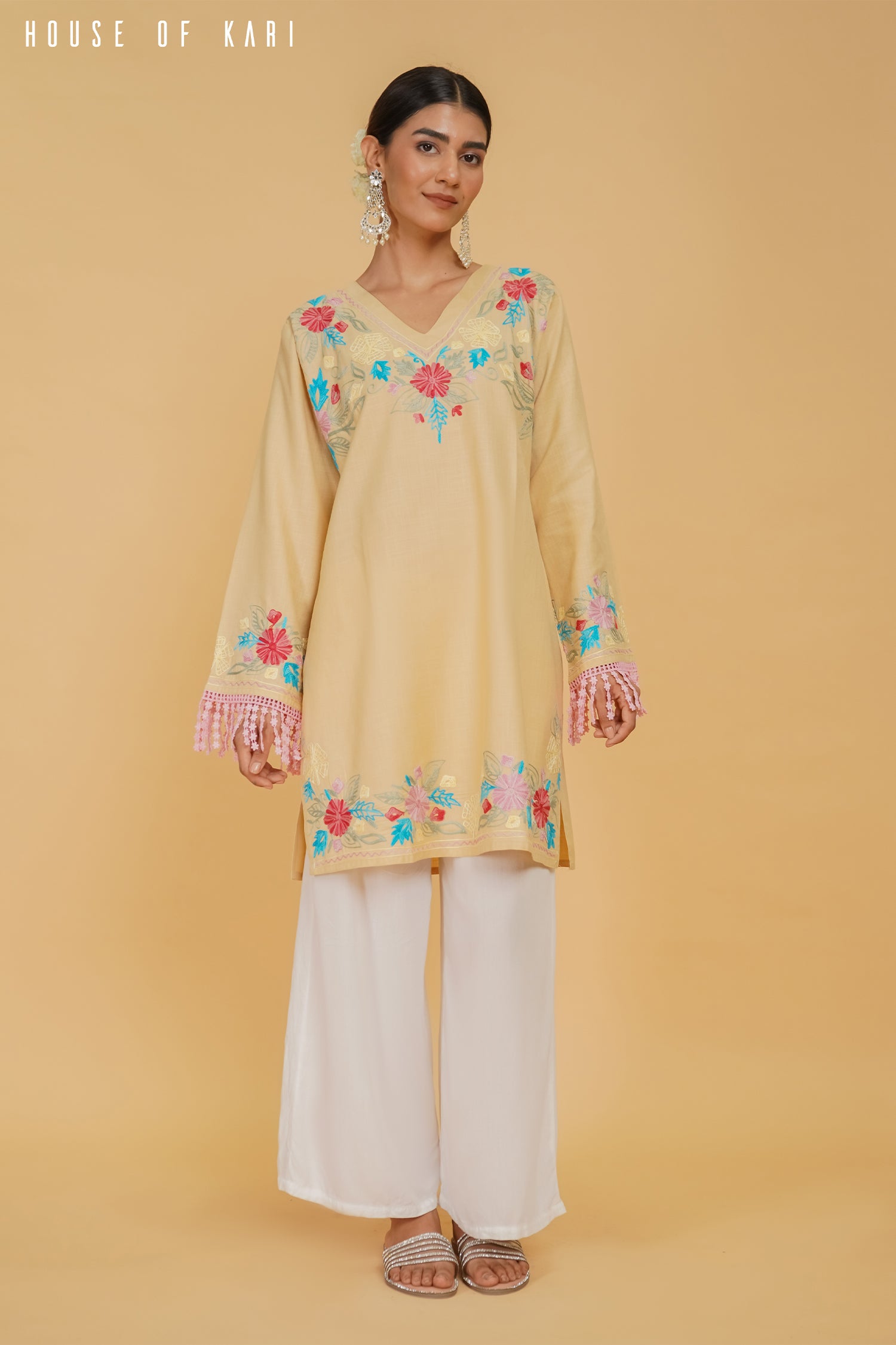 Kashmiri Aari Work Cotton Short Kurta – Beige