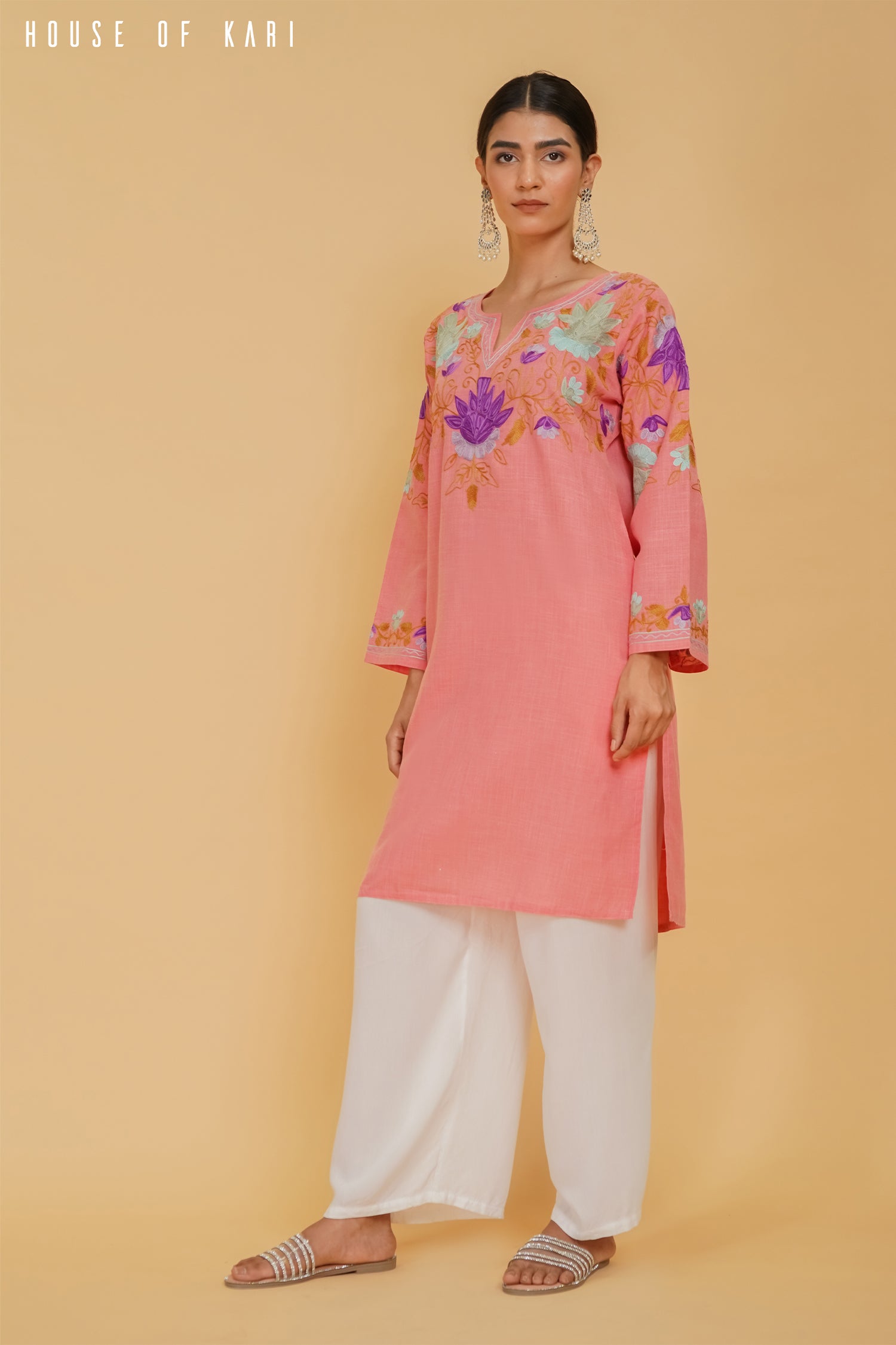 Kashmiri Aari Work Cotton Medium Kurta – Peach
