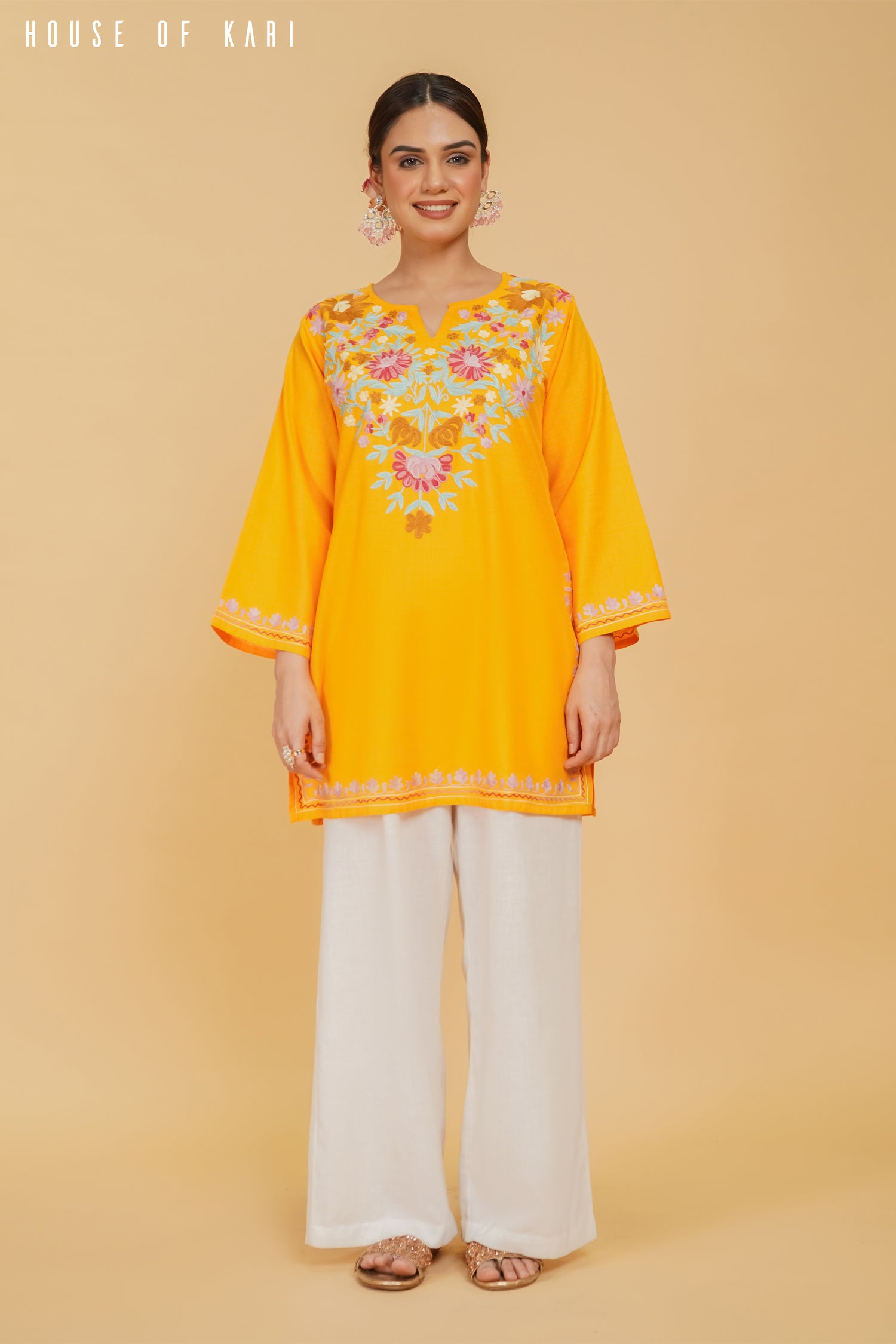 Kashmiri Aari Work Cotton Short Kurta – Mustard