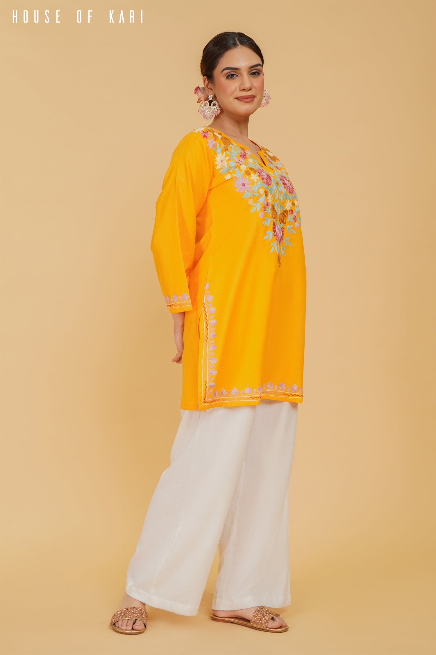 Kashmiri Aari Work Cotton Short Kurta – Mustard