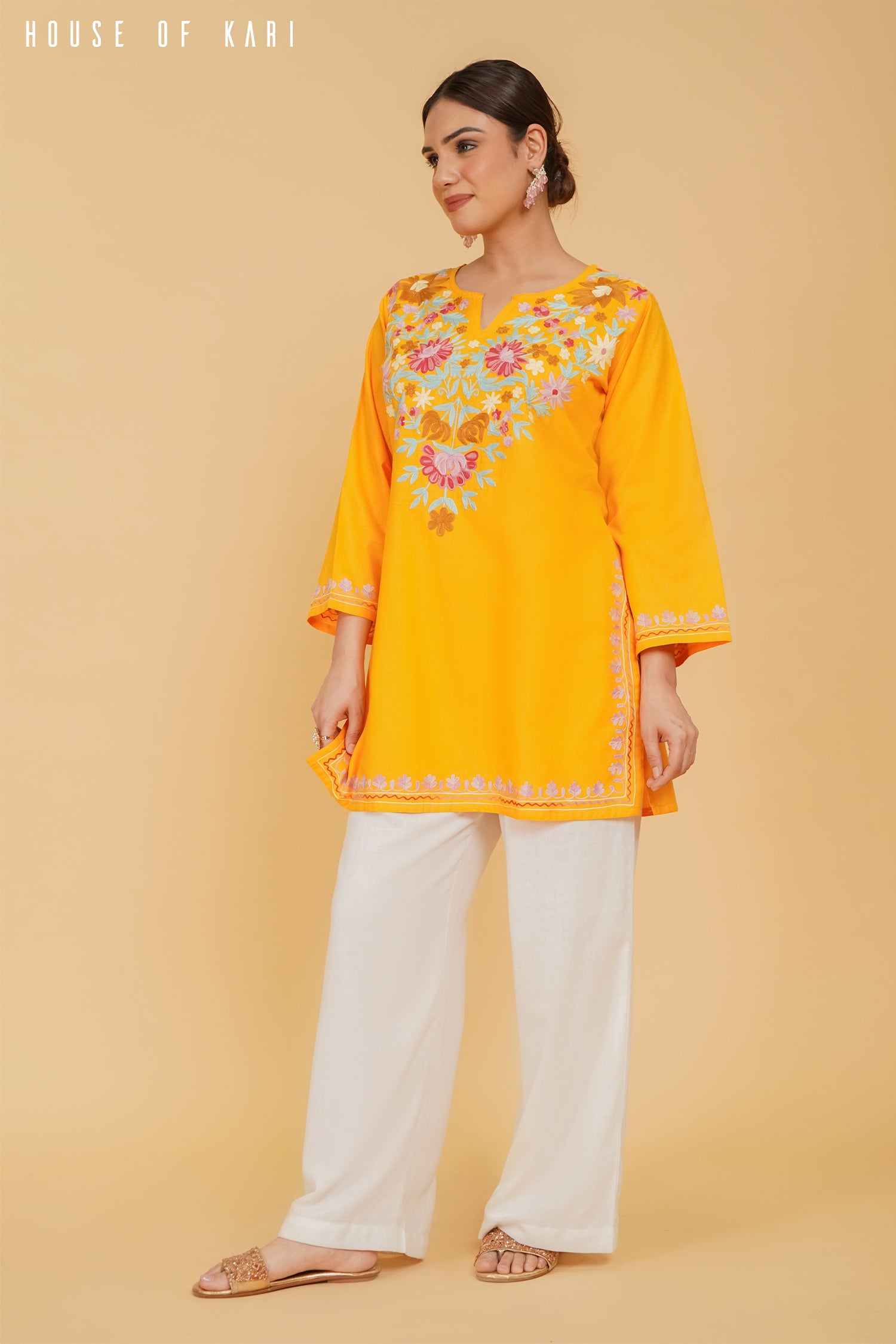Kashmiri Aari Work Cotton Short Kurta – Mustard