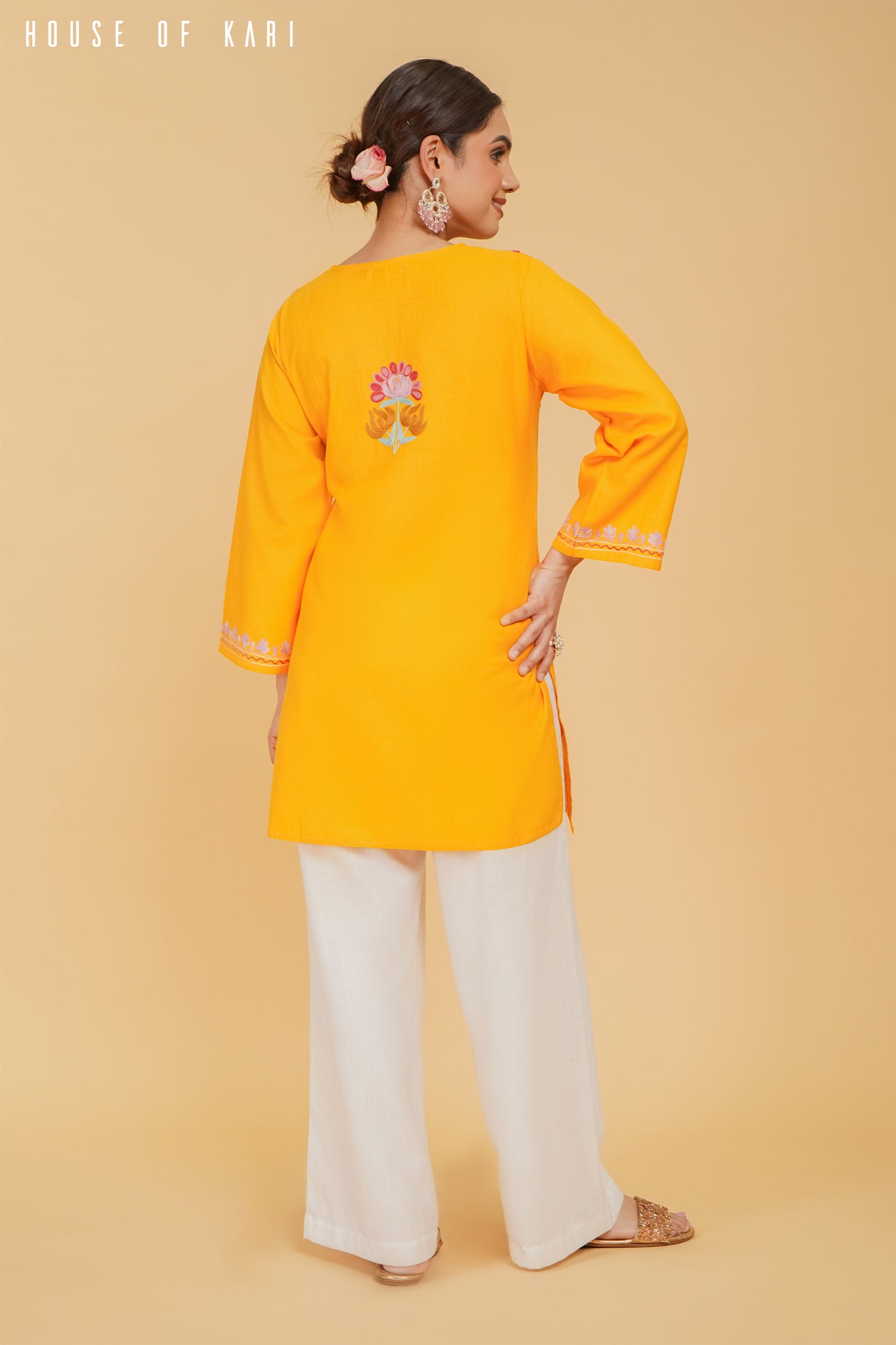 Kashmiri Aari Work Cotton Short Kurta – Mustard