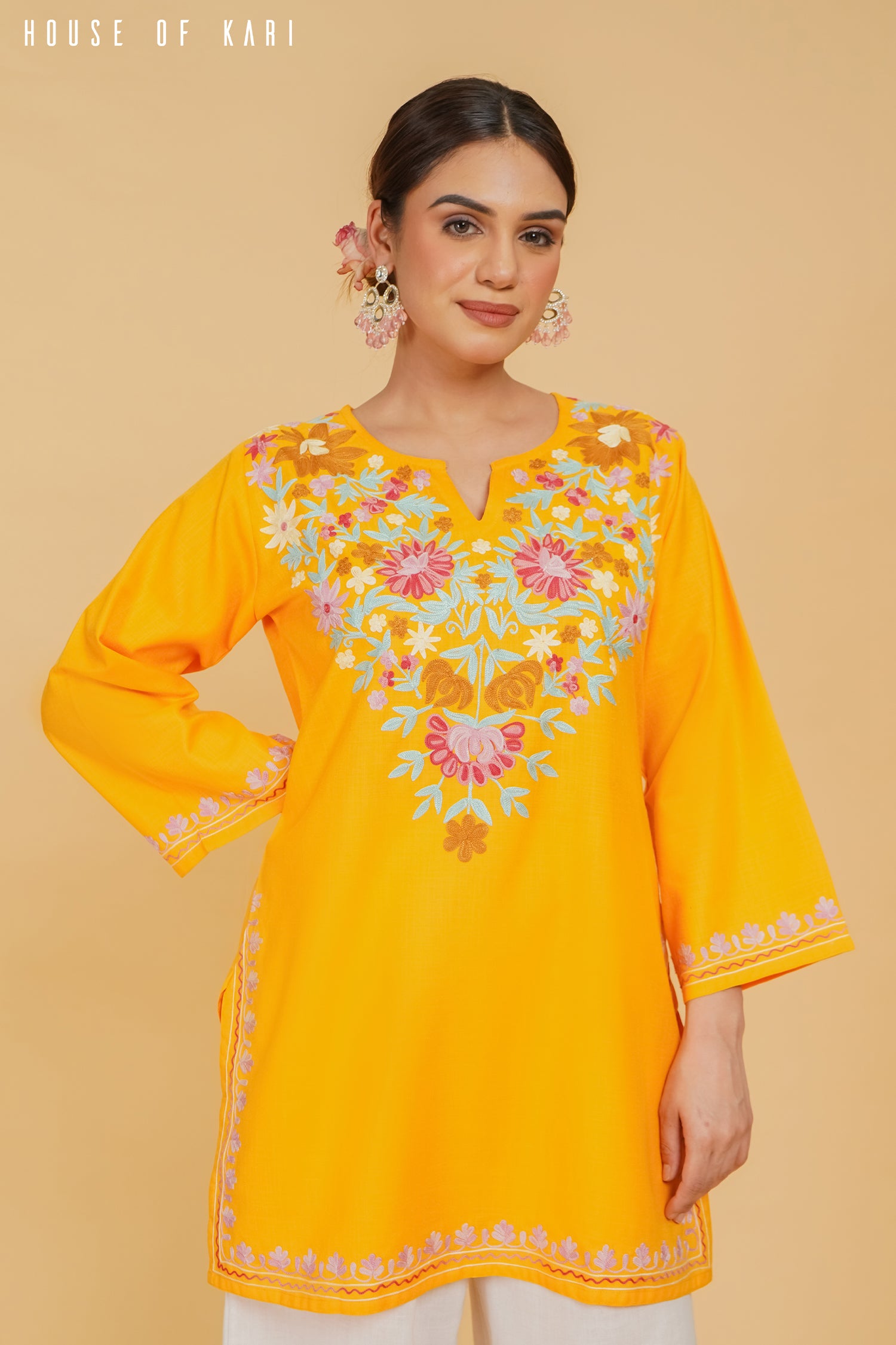 Kashmiri Aari Work Cotton Short Kurta – Mustard