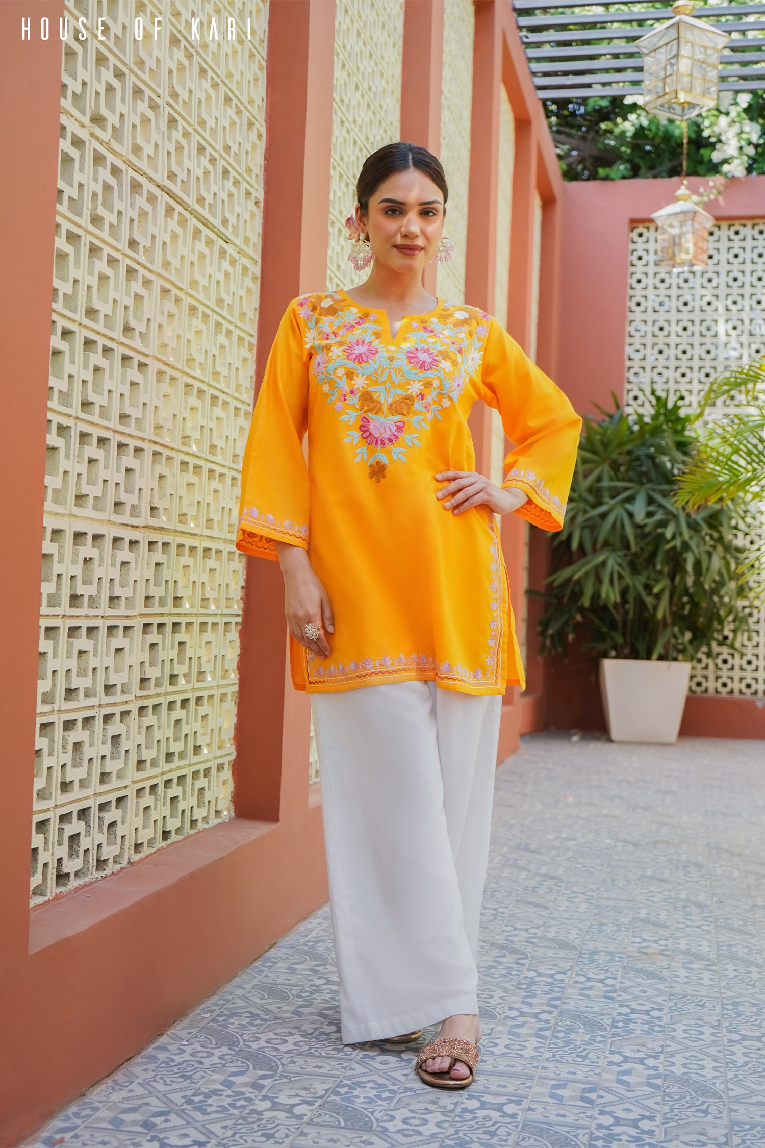 Kashmiri Aari Work Cotton Short Kurta – Mustard