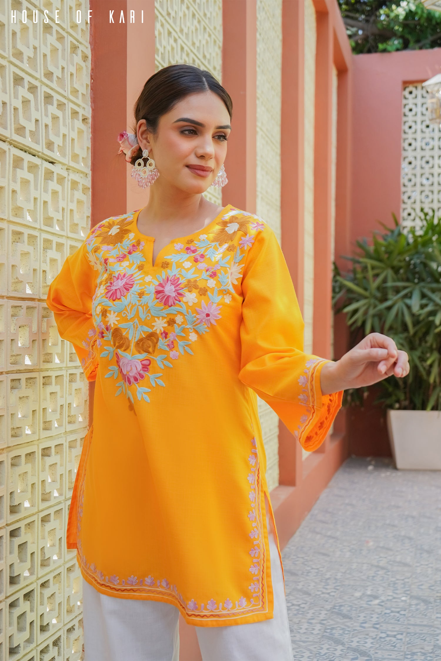 Kashmiri Aari Work Cotton Short Kurta – Mustard