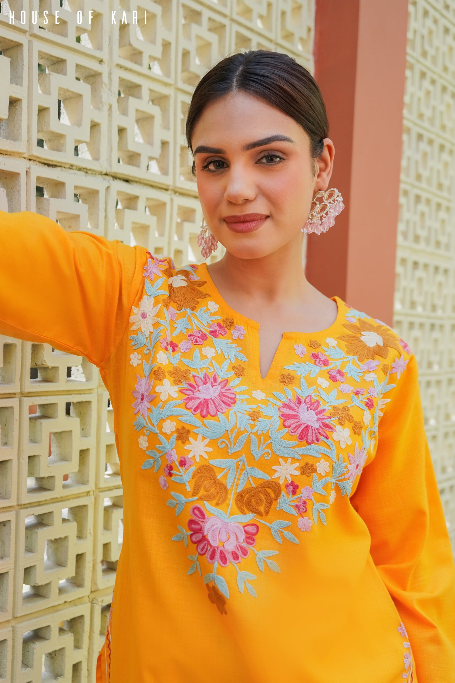 Kashmiri Aari Work Cotton Short Kurta – Mustard