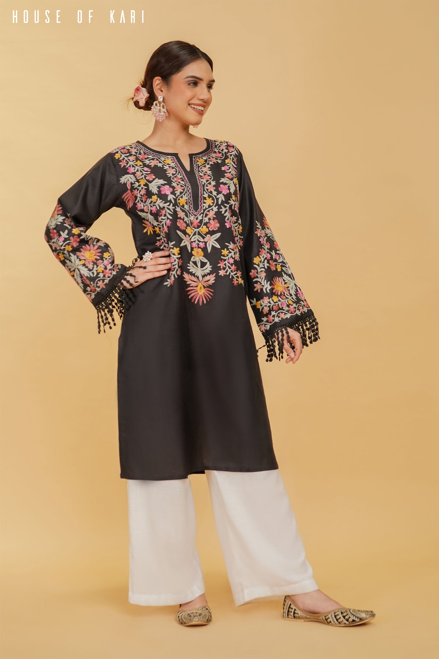 Kashmiri Aari Work Cotton Long Kurta – Black