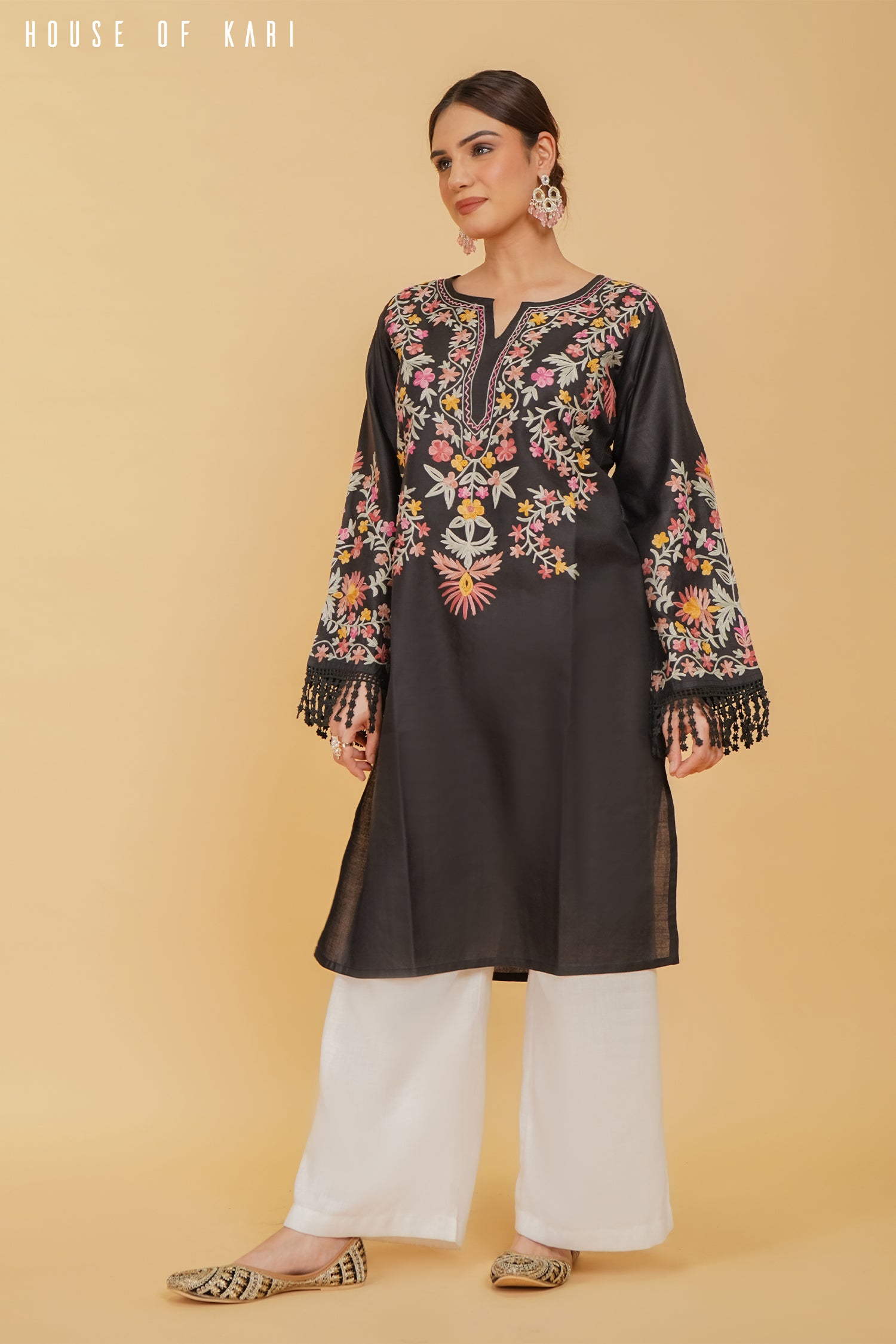 Kashmiri Aari Work Cotton Long Kurta – Black