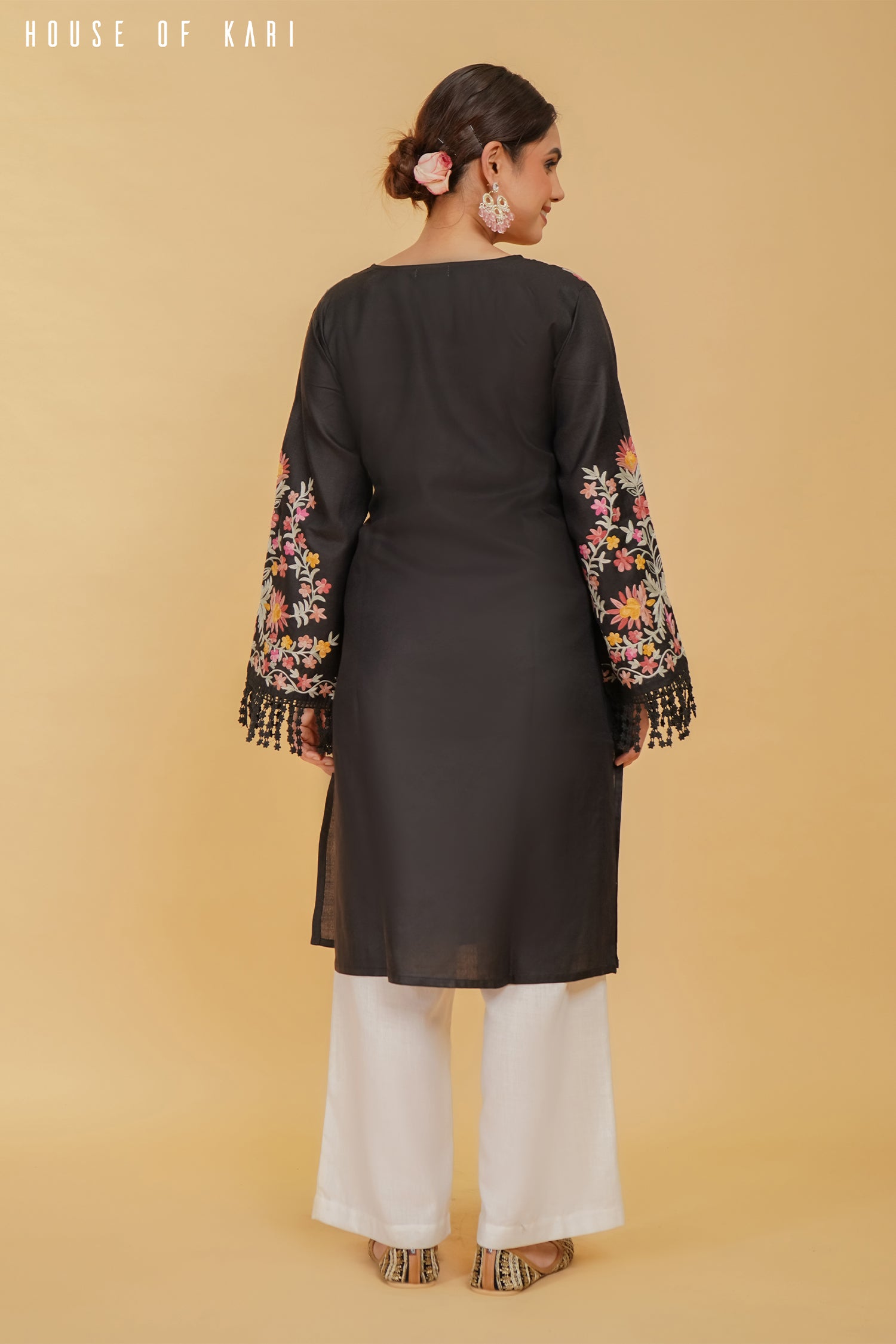 Kashmiri Aari Work Cotton Long Kurta – Black