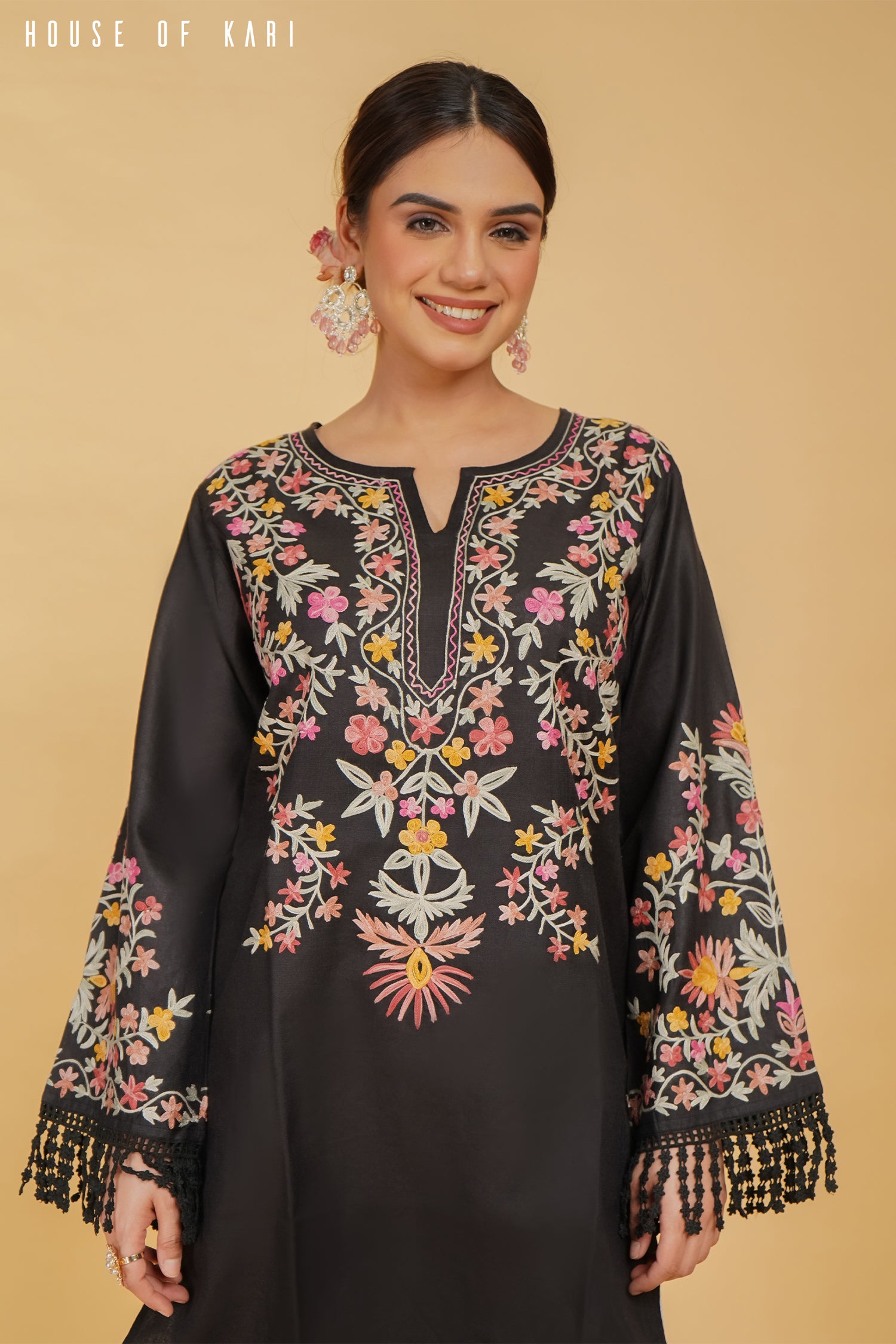 Kashmiri Aari Work Cotton Long Kurta – Black