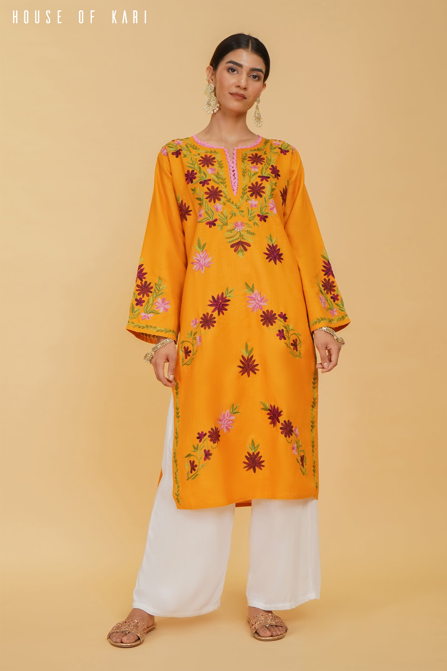 Kashirmir Aari Work Long Kurta - Mustard