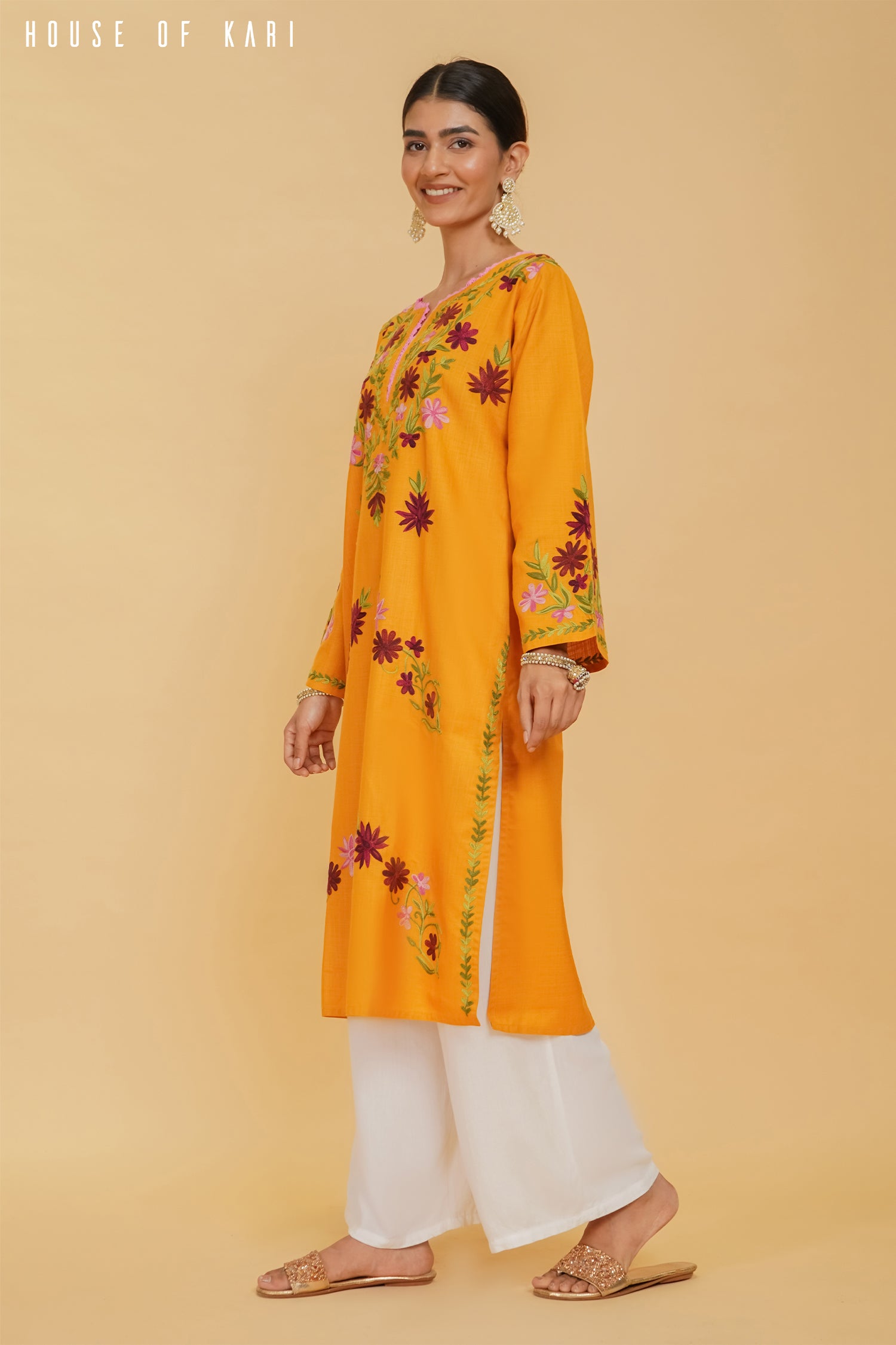 Kashirmir Aari Work Long Kurta - Mustard