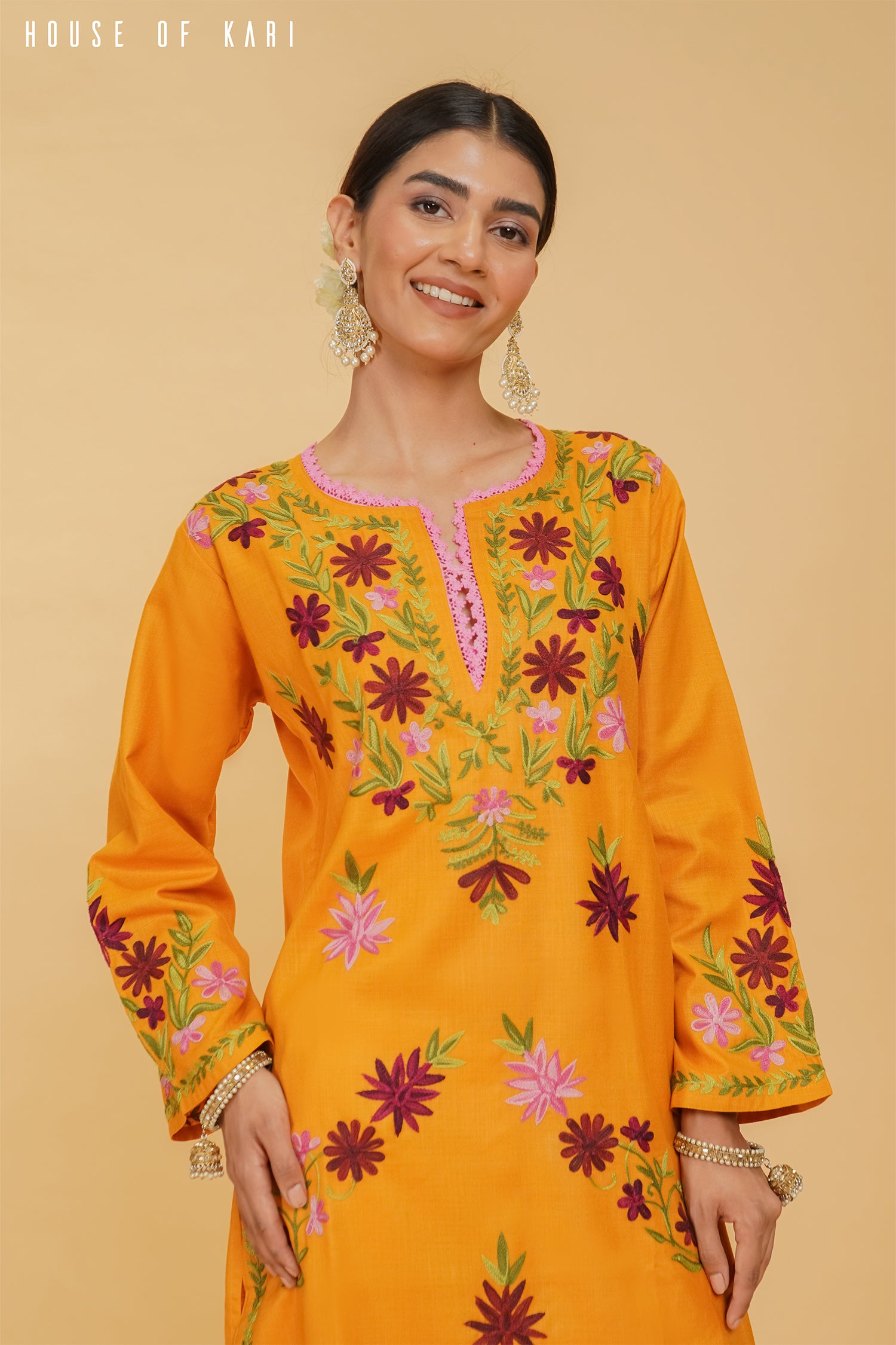 Kashirmir Aari Work Long Kurta - Mustard