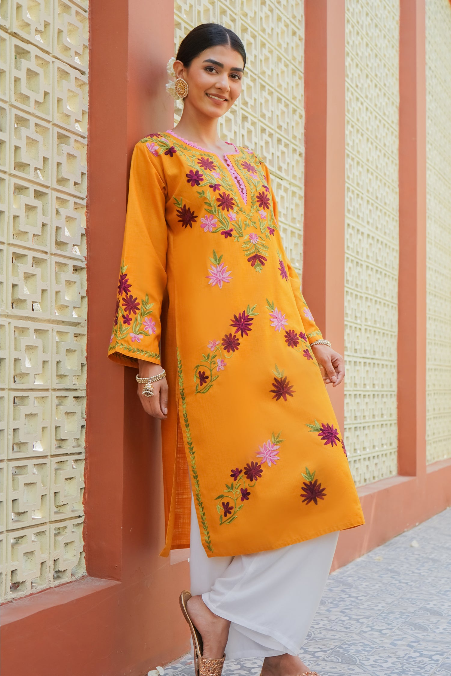 Kashirmir Aari Work Long Kurta - Mustard