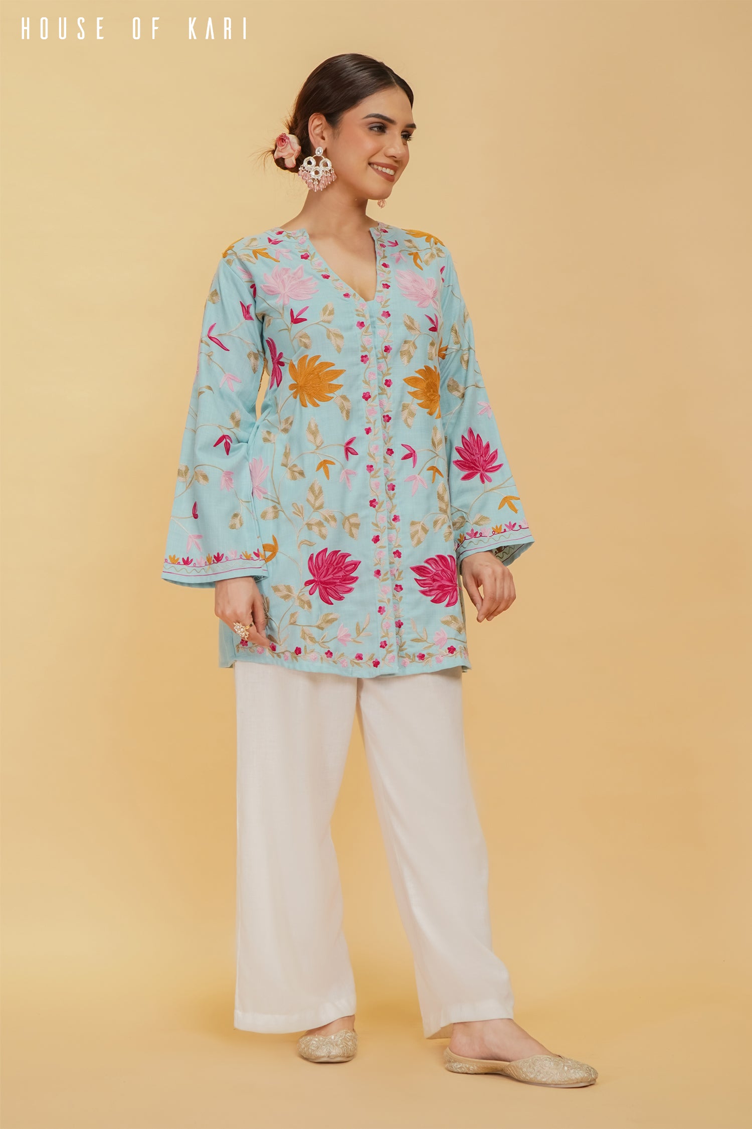 Kashmiri Aari Work Cotton Kurta Jacket – Sky Blue
