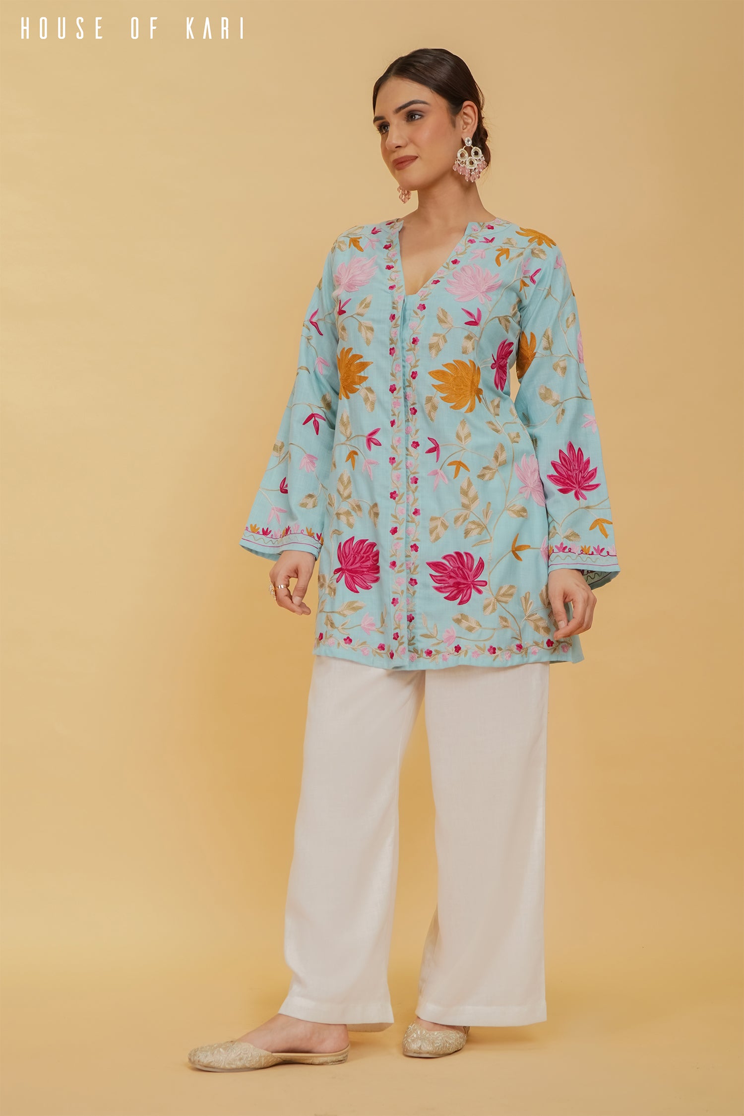 Kashmiri Aari Work Cotton Kurta Jacket – Sky Blue