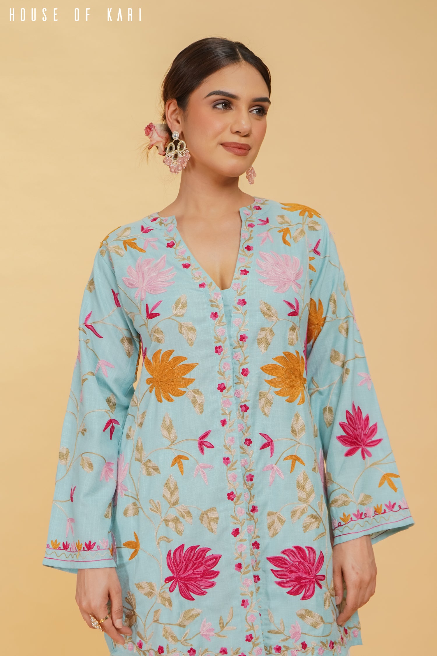 Kashmiri Aari Work Cotton Kurta Jacket – Sky Blue