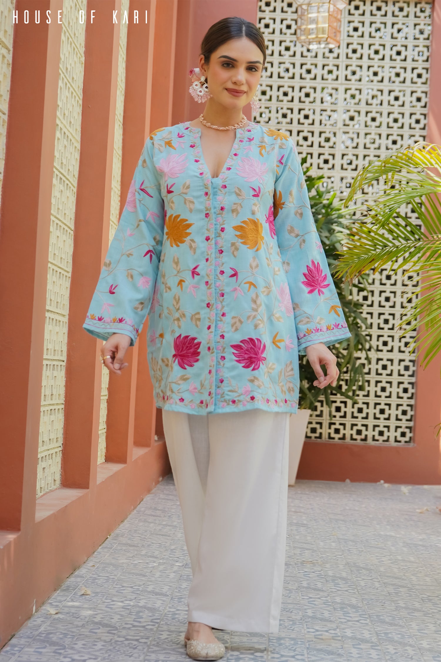 Kashmiri Aari Work Cotton Kurta Jacket – Sky Blue