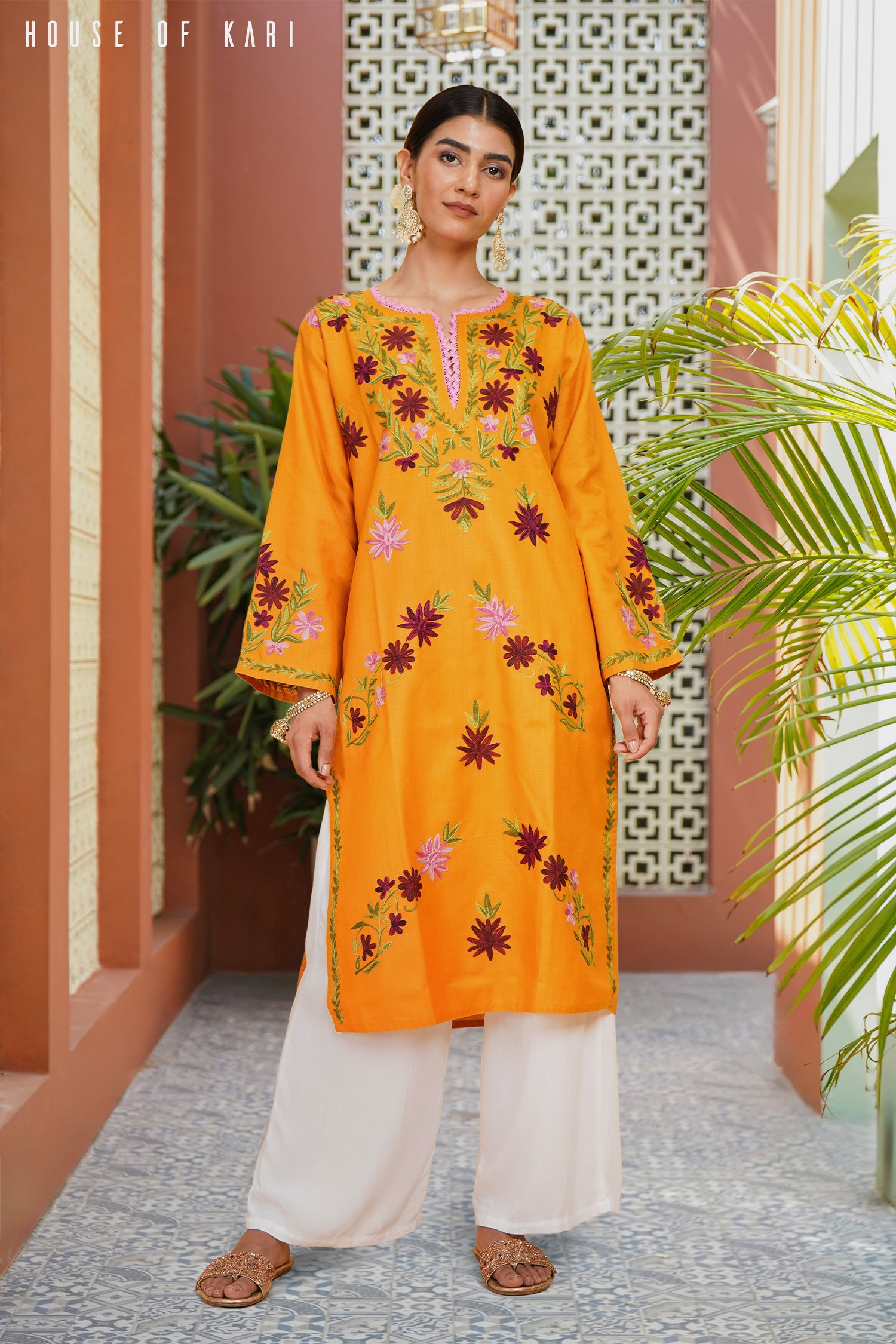 Kashirmir Aari Work Long Kurta - Mustard