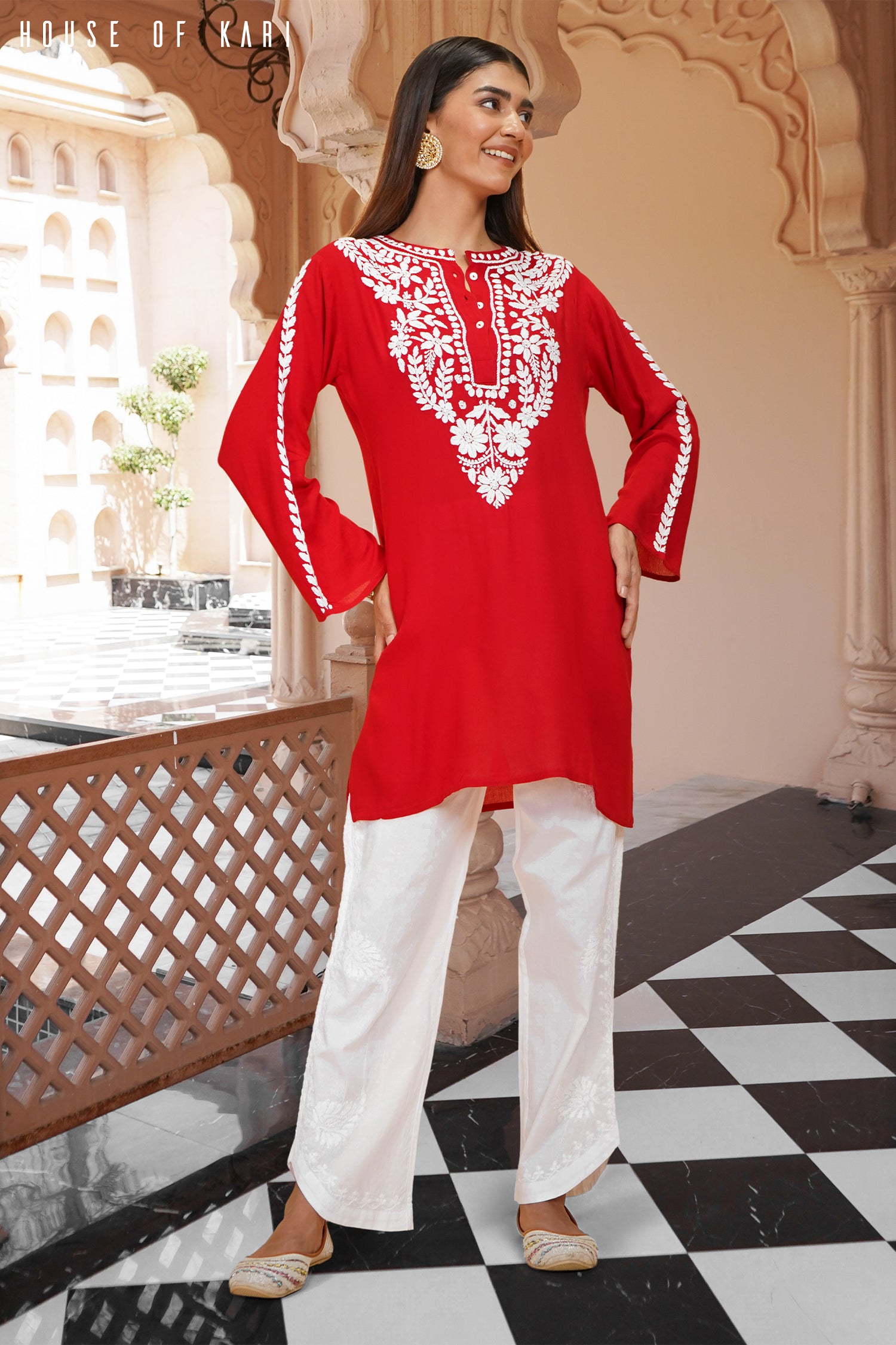Rayon Chikankari Short Kurta in Red