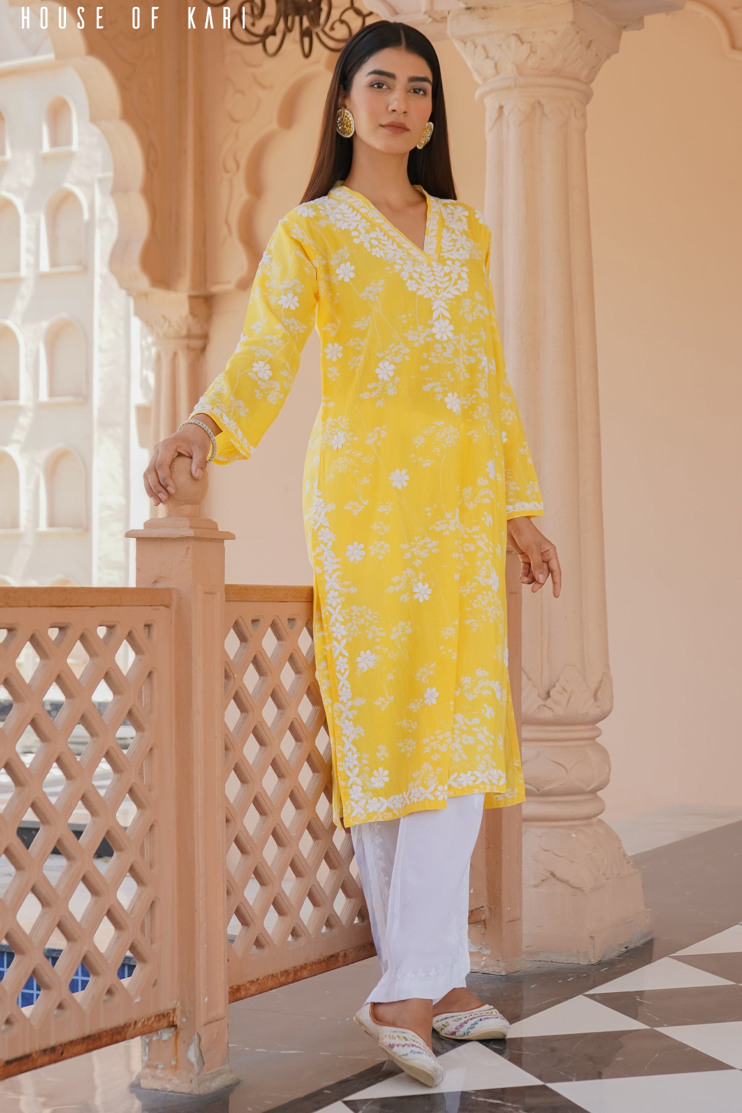 Mul Cotton Chikankari Long Kurta in Yellow