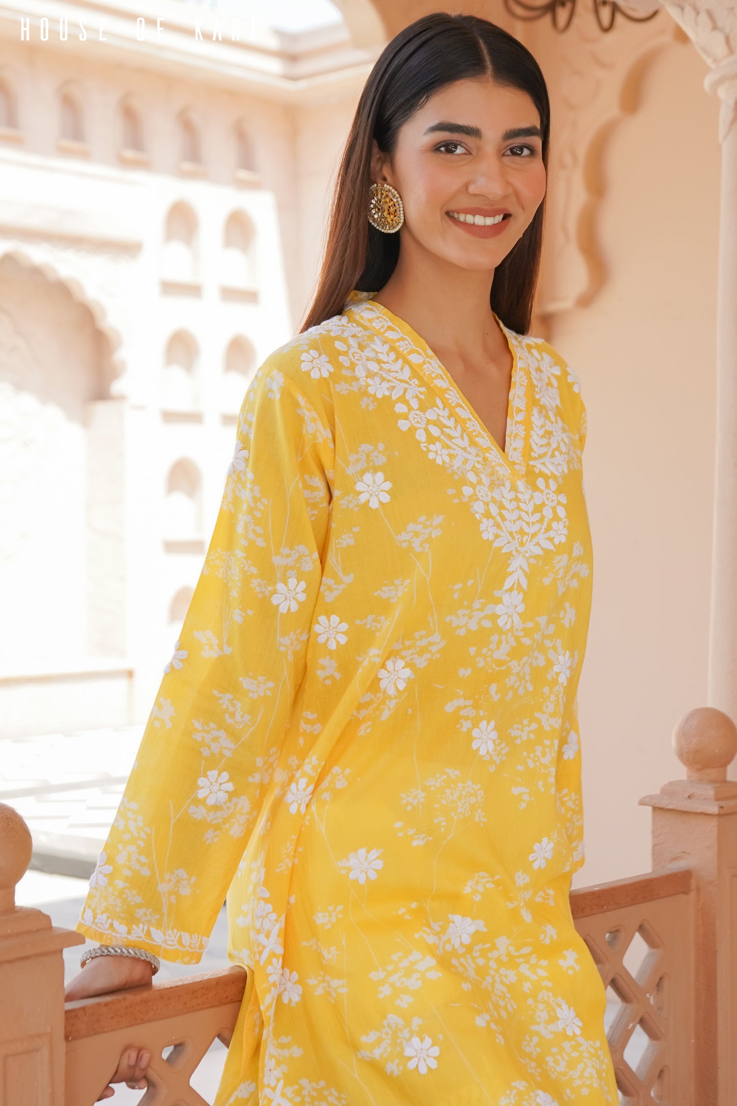 Mul Cotton Chikankari Long Kurta in Yellow