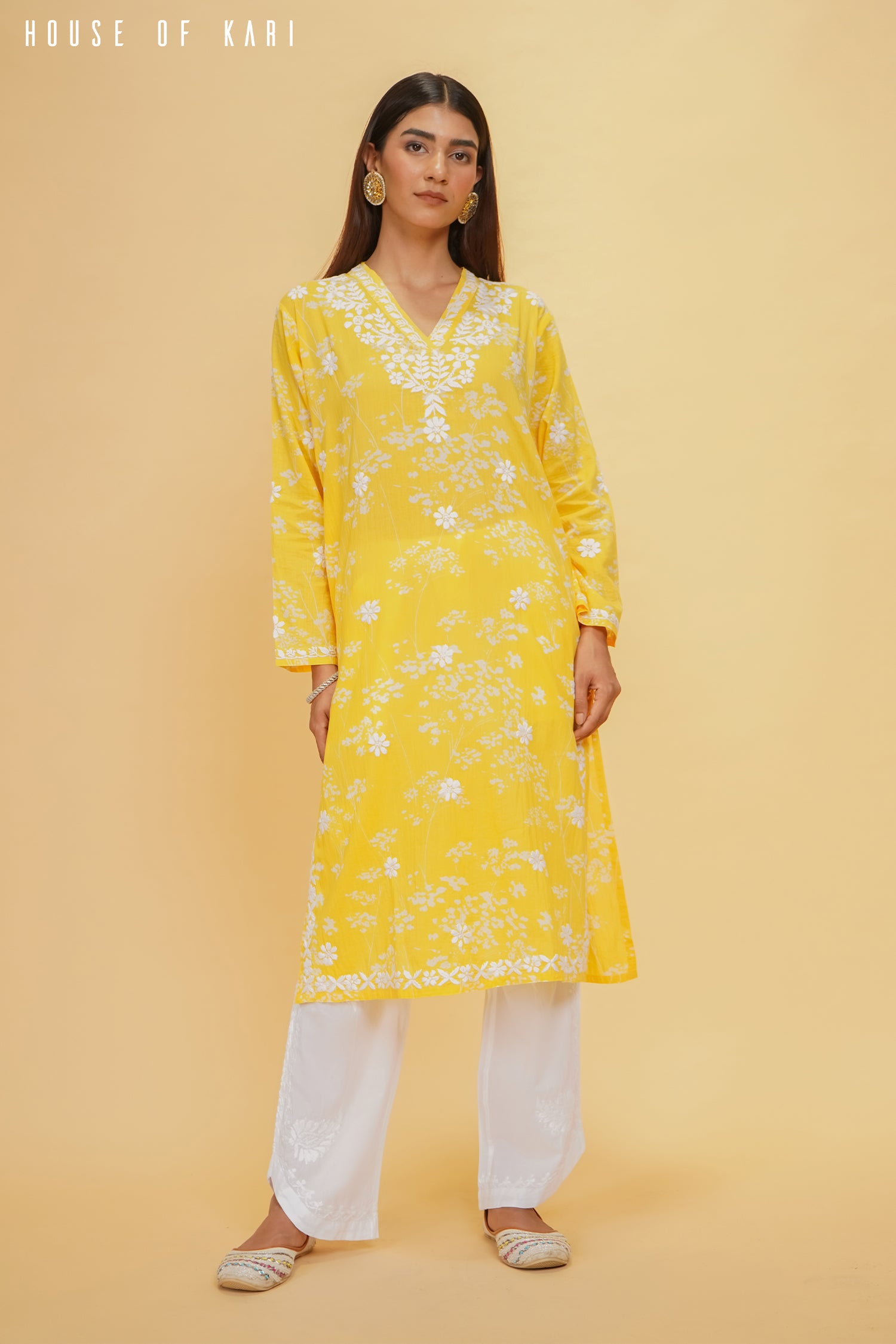 Mul Cotton Chikankari Long Kurta in Yellow