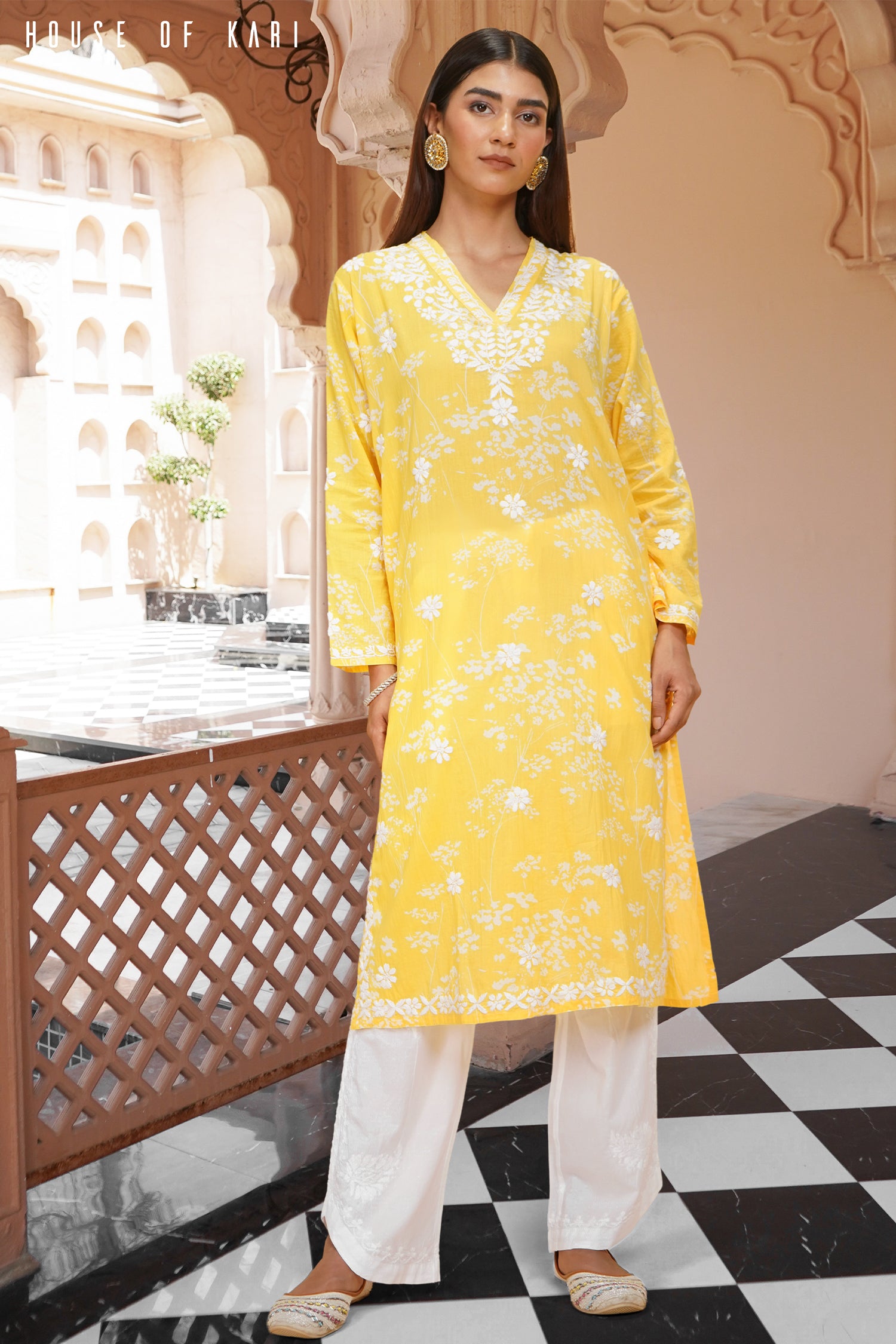 Mul Cotton Chikankari Long Kurta in Yellow