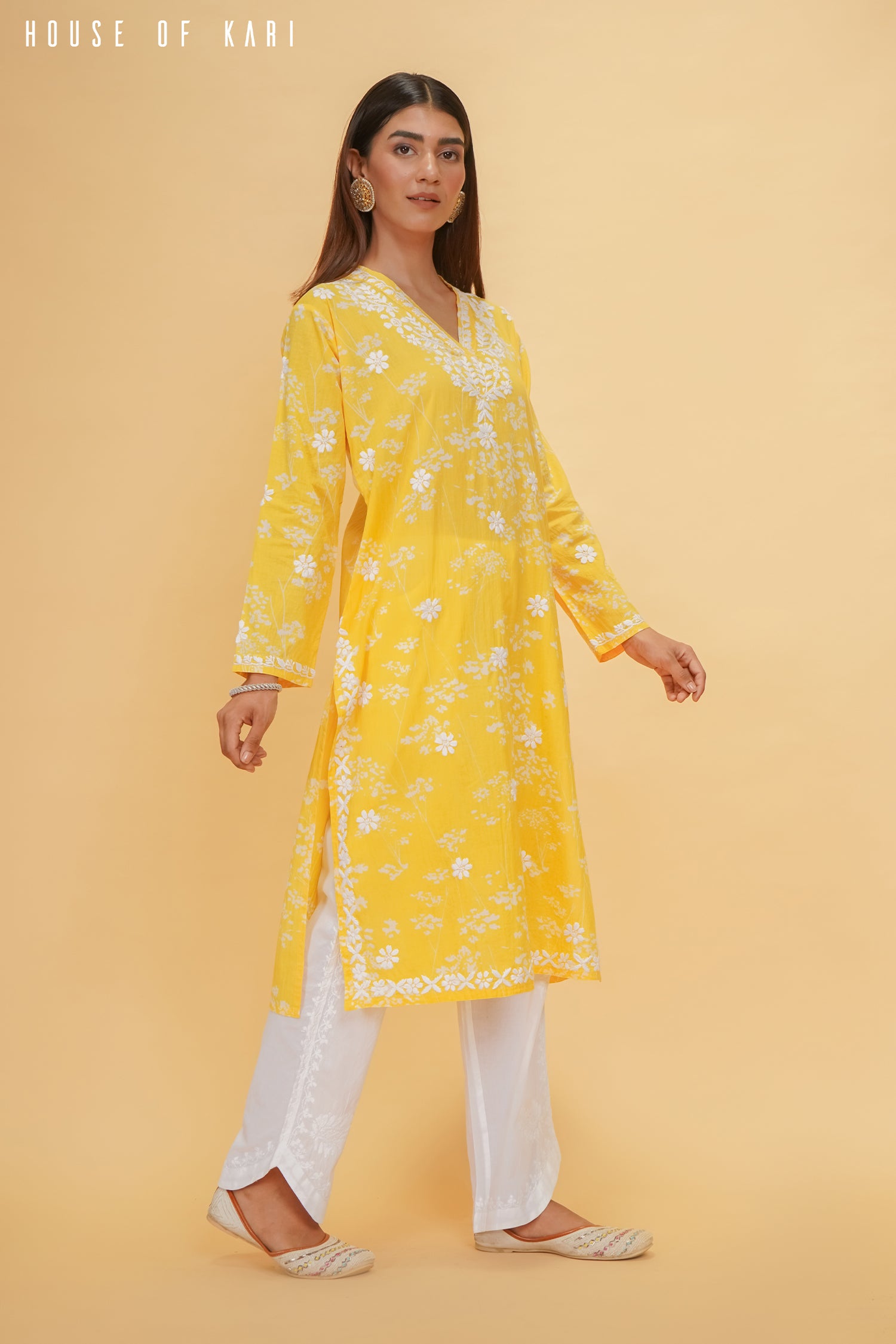 Mul Cotton Chikankari Long Kurta in Yellow