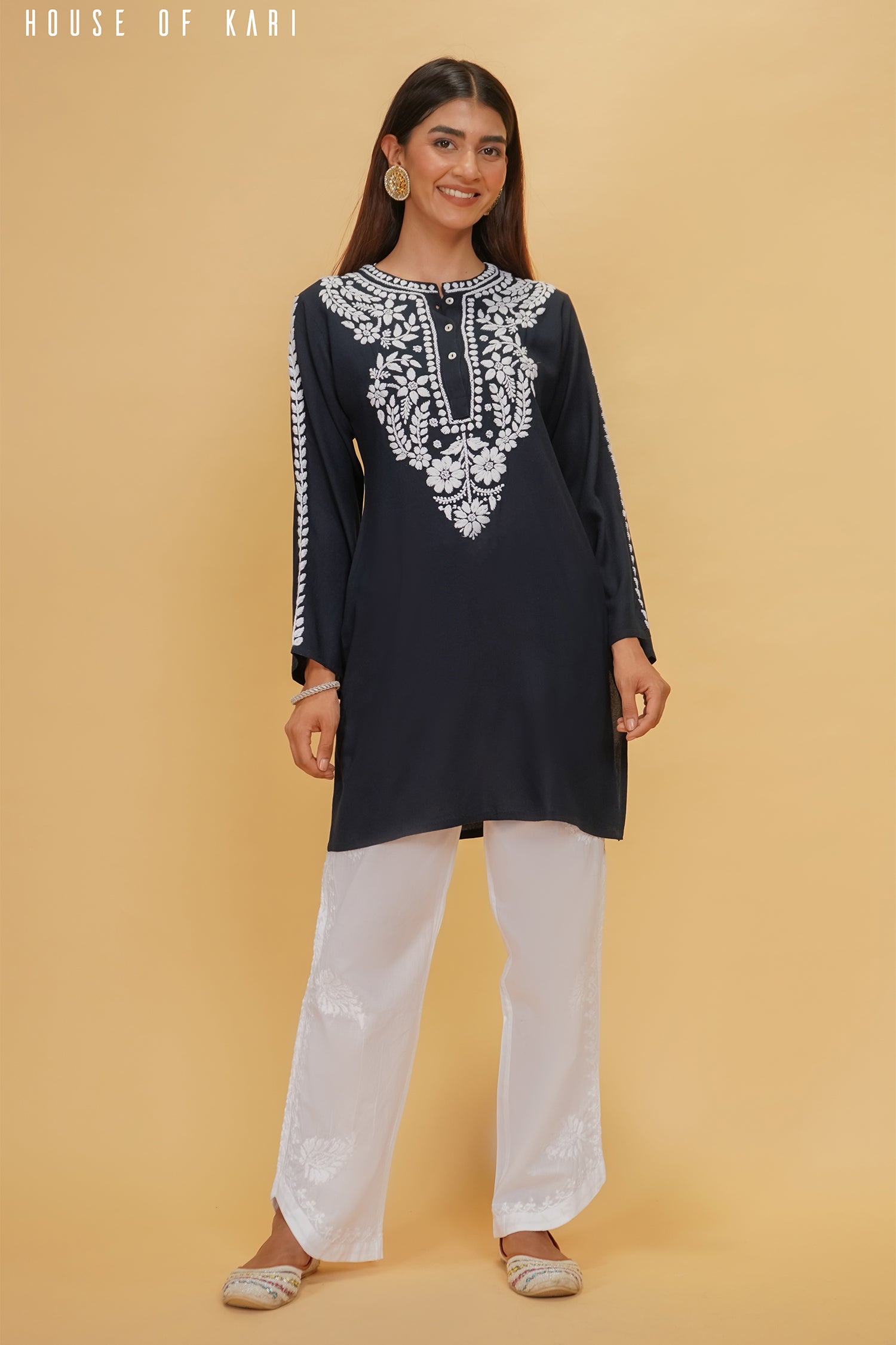 Rayon Chikankari Short Kurta in Navy Blue
