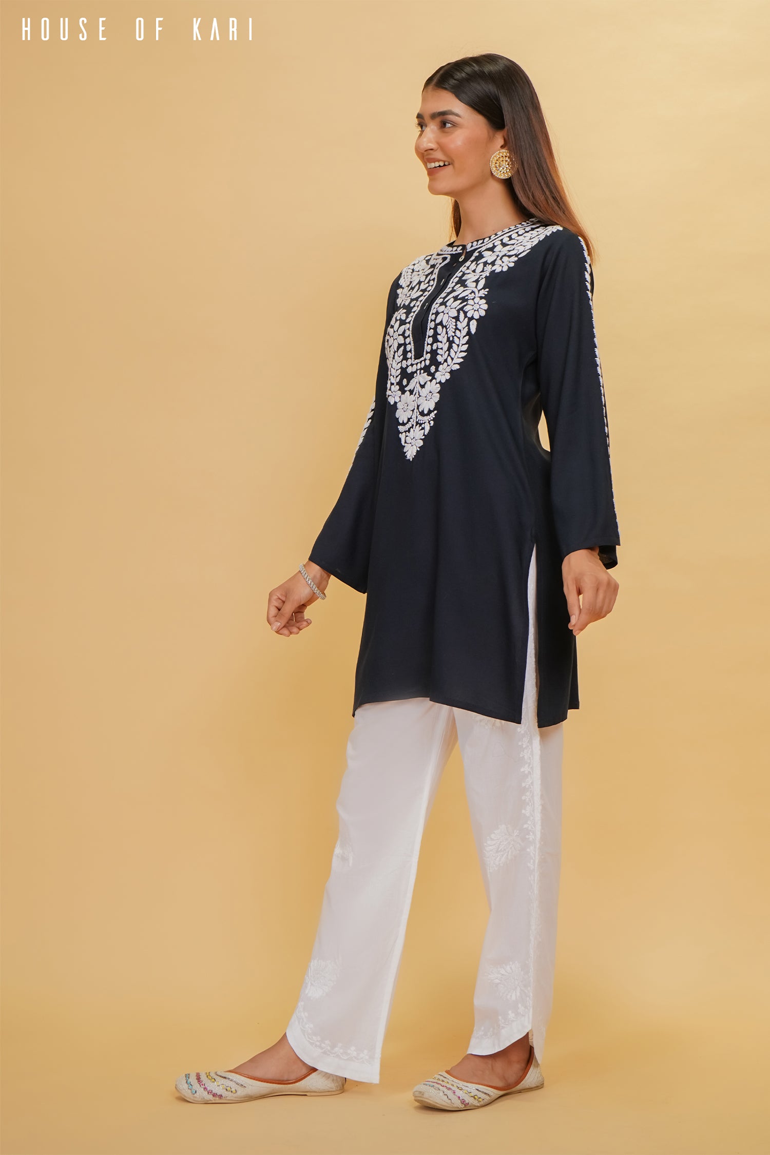 Rayon Chikankari Short Kurta in Navy Blue
