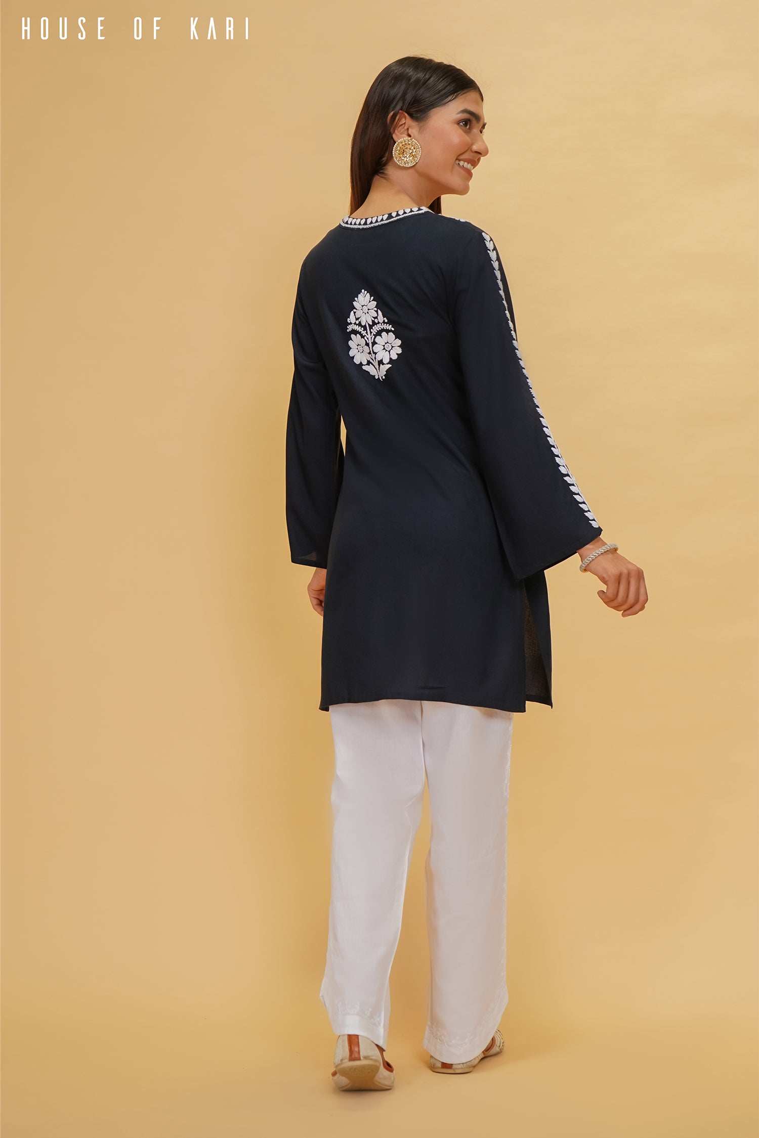 Rayon Chikankari Short Kurta in Navy Blue