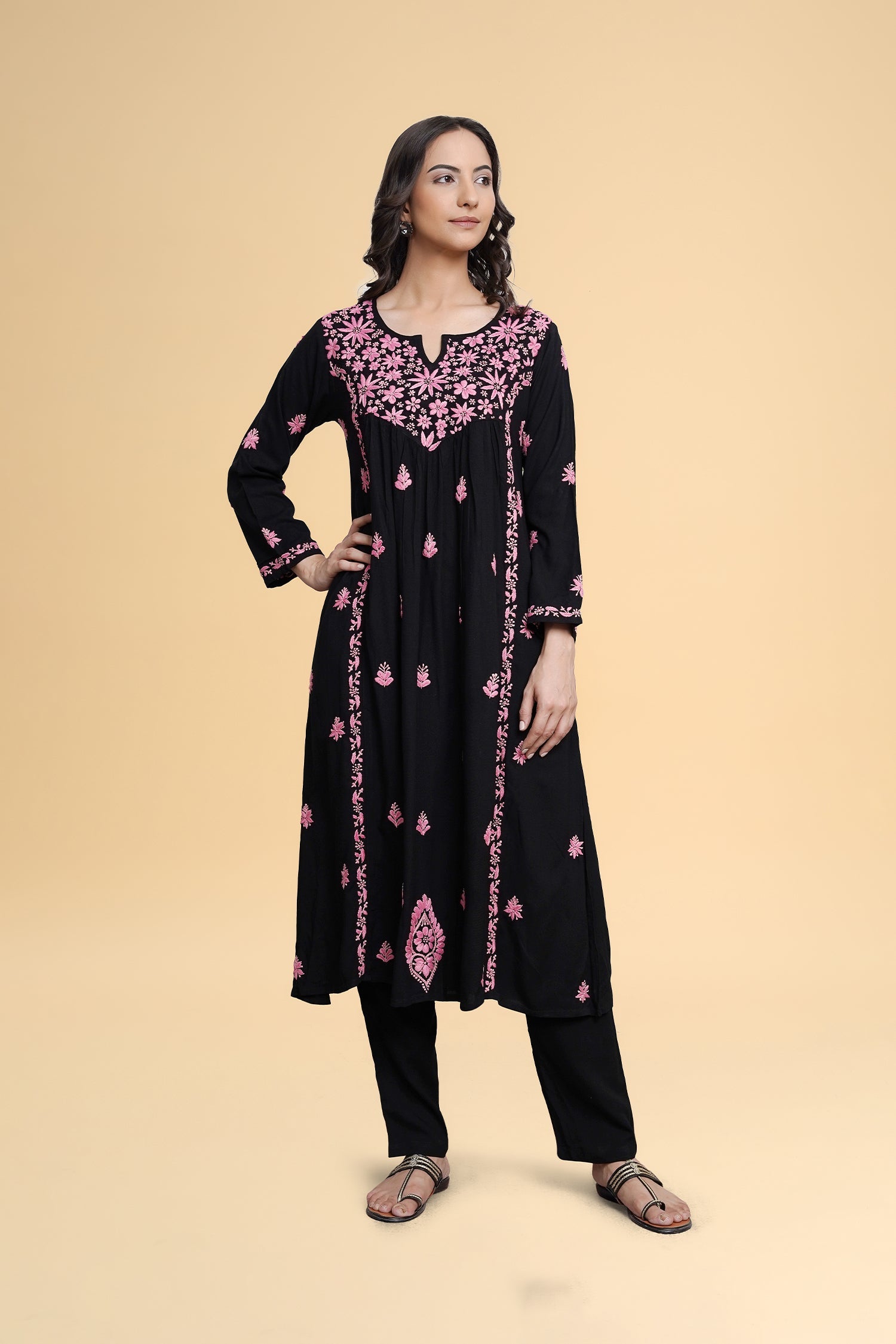 Saba Chikankari Long Kurta in Rayon Cotton - Black
