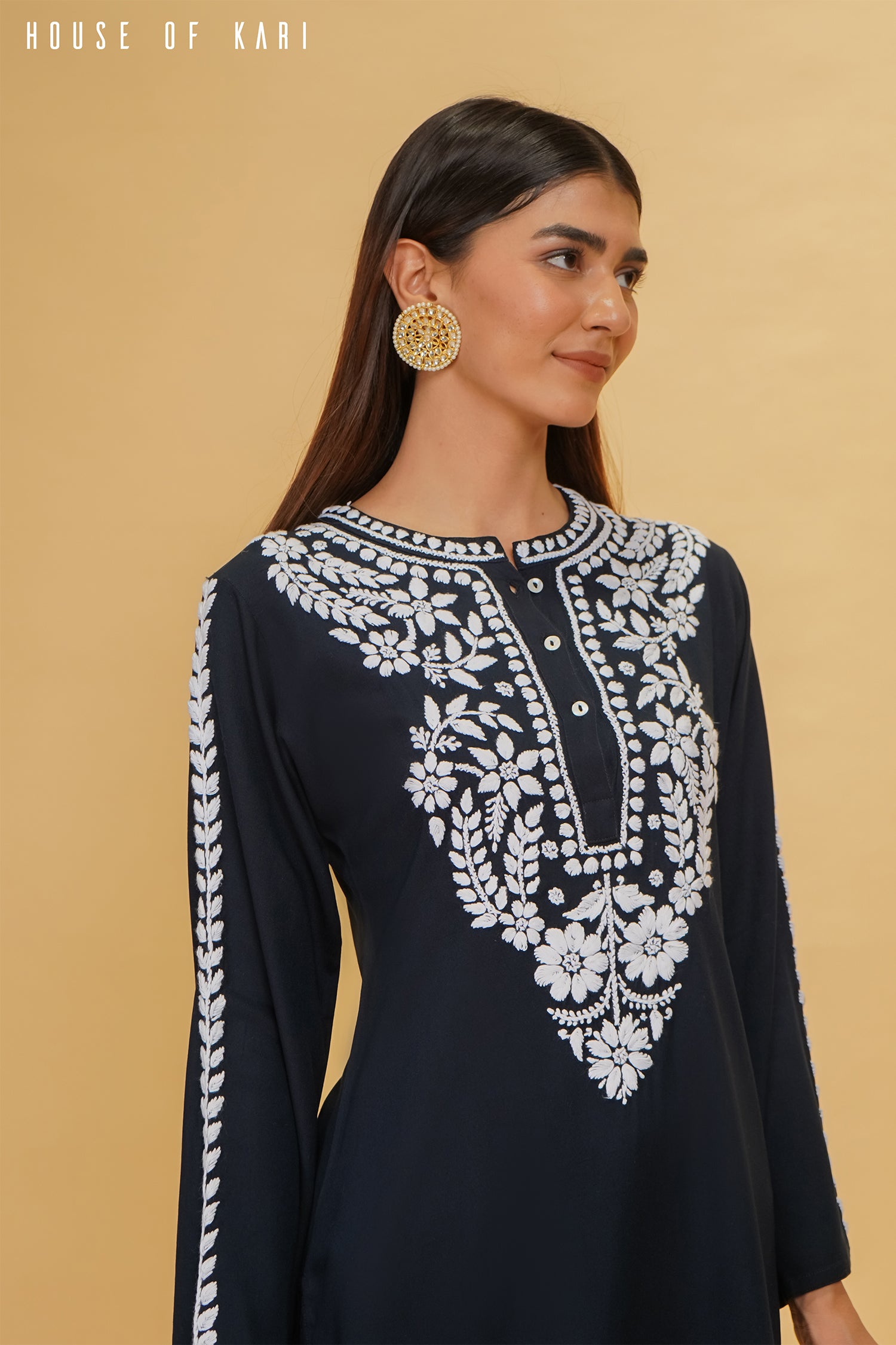 Rayon Chikankari Short Kurta in Navy Blue