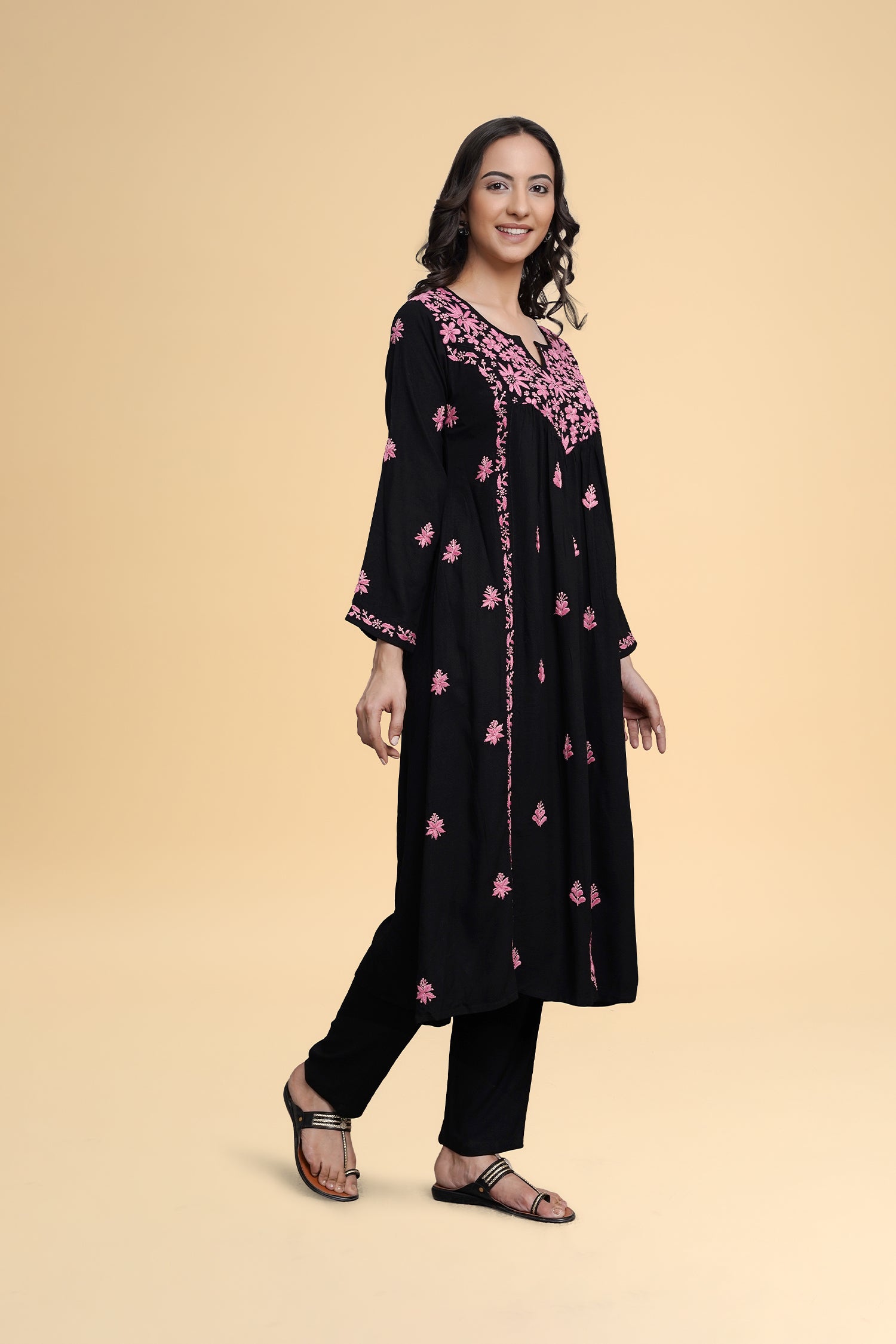 Saba Chikankari Long Kurta in Rayon Cotton - Black