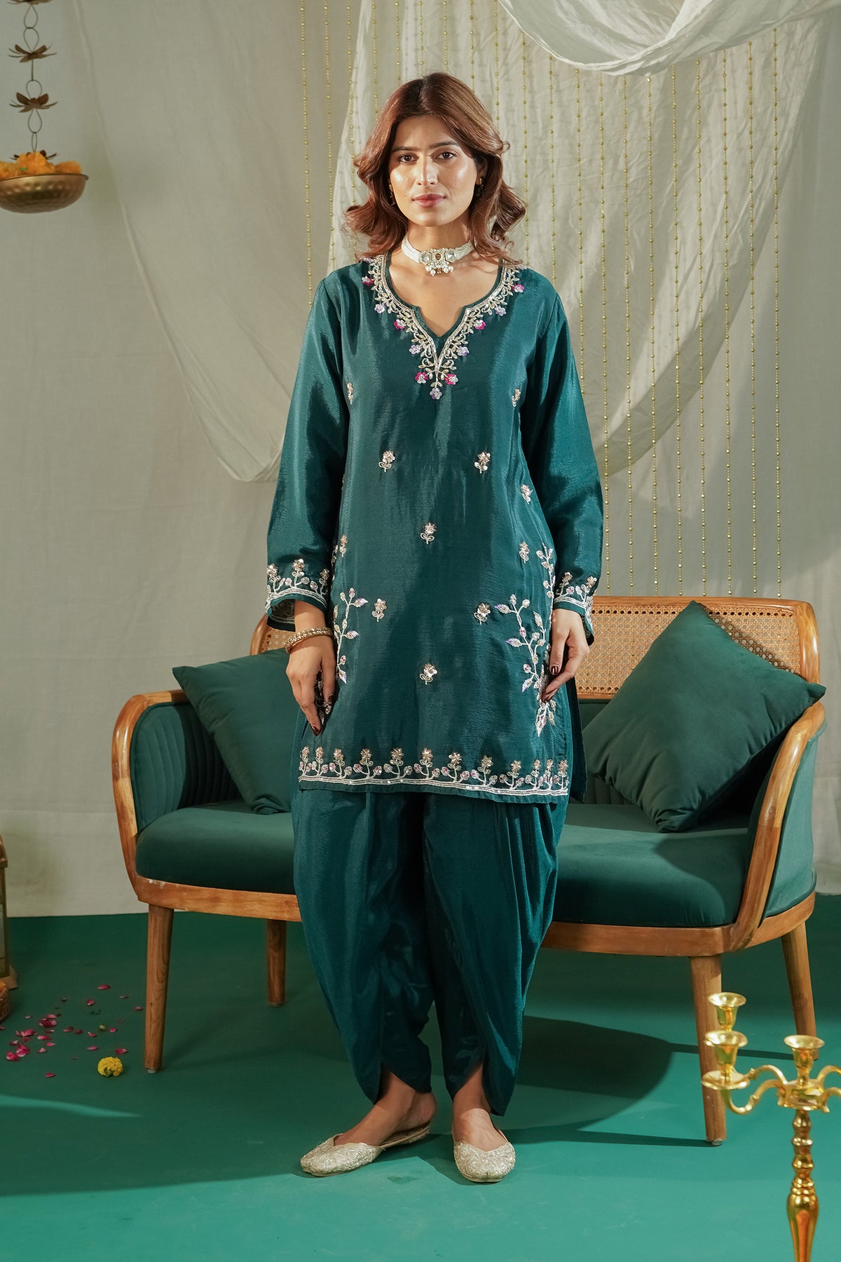 Mix Sequin Chinnon Chiffon Dhoti Kurta Set in Deep Teal