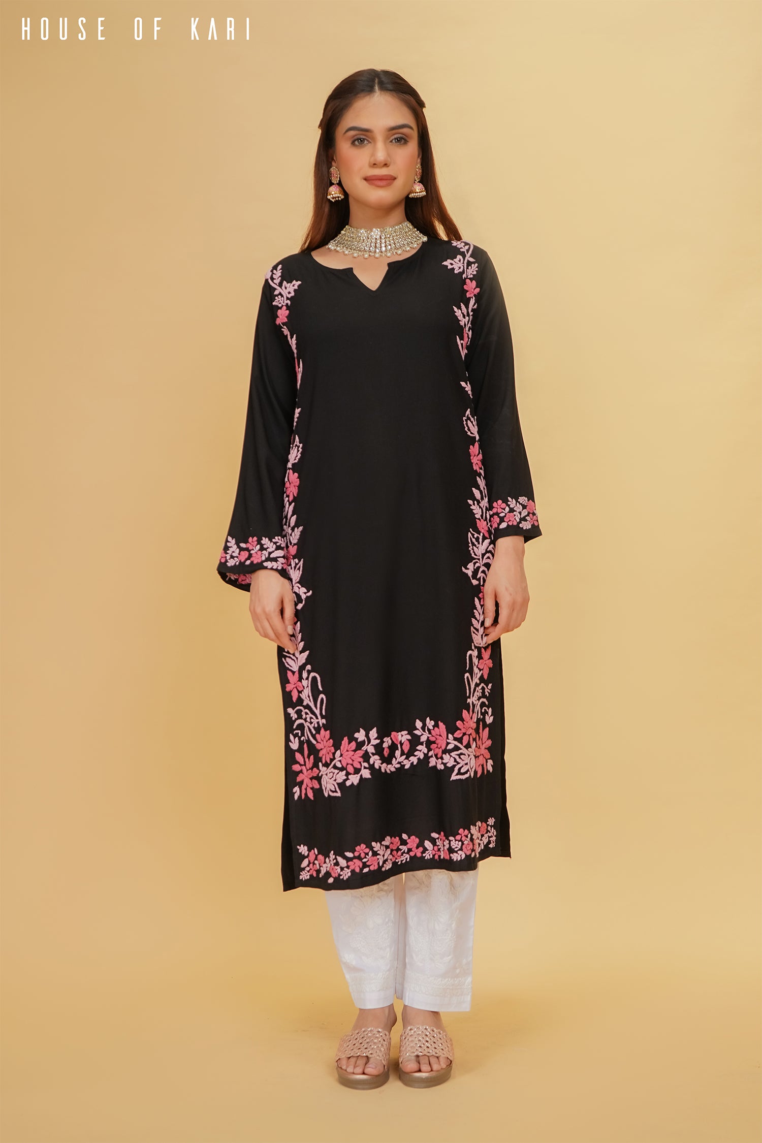 Rayaon Chikankari Kurta in Black Pink Hand Embroidery