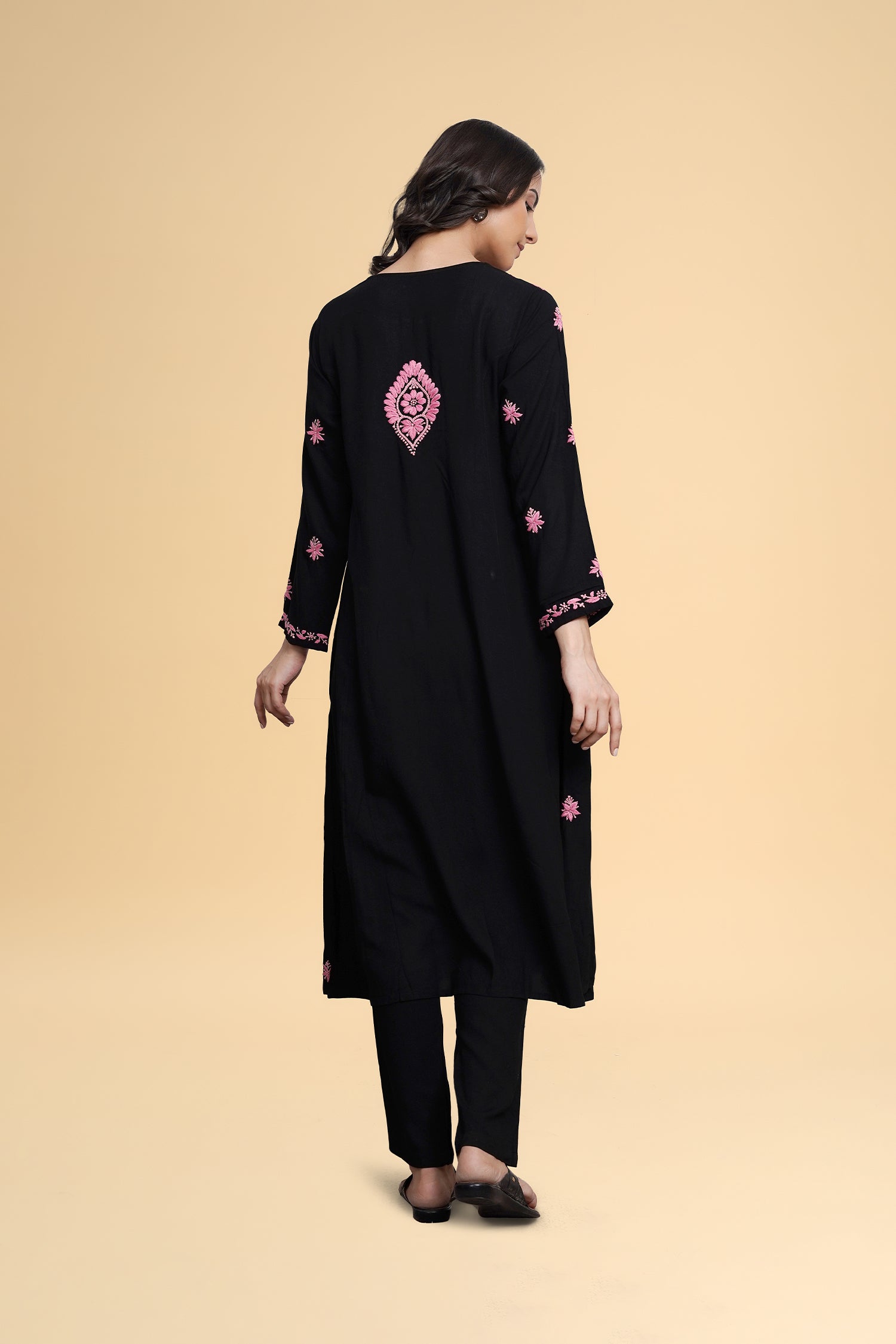 Saba Chikankari Long Kurta in Rayon Cotton - Black