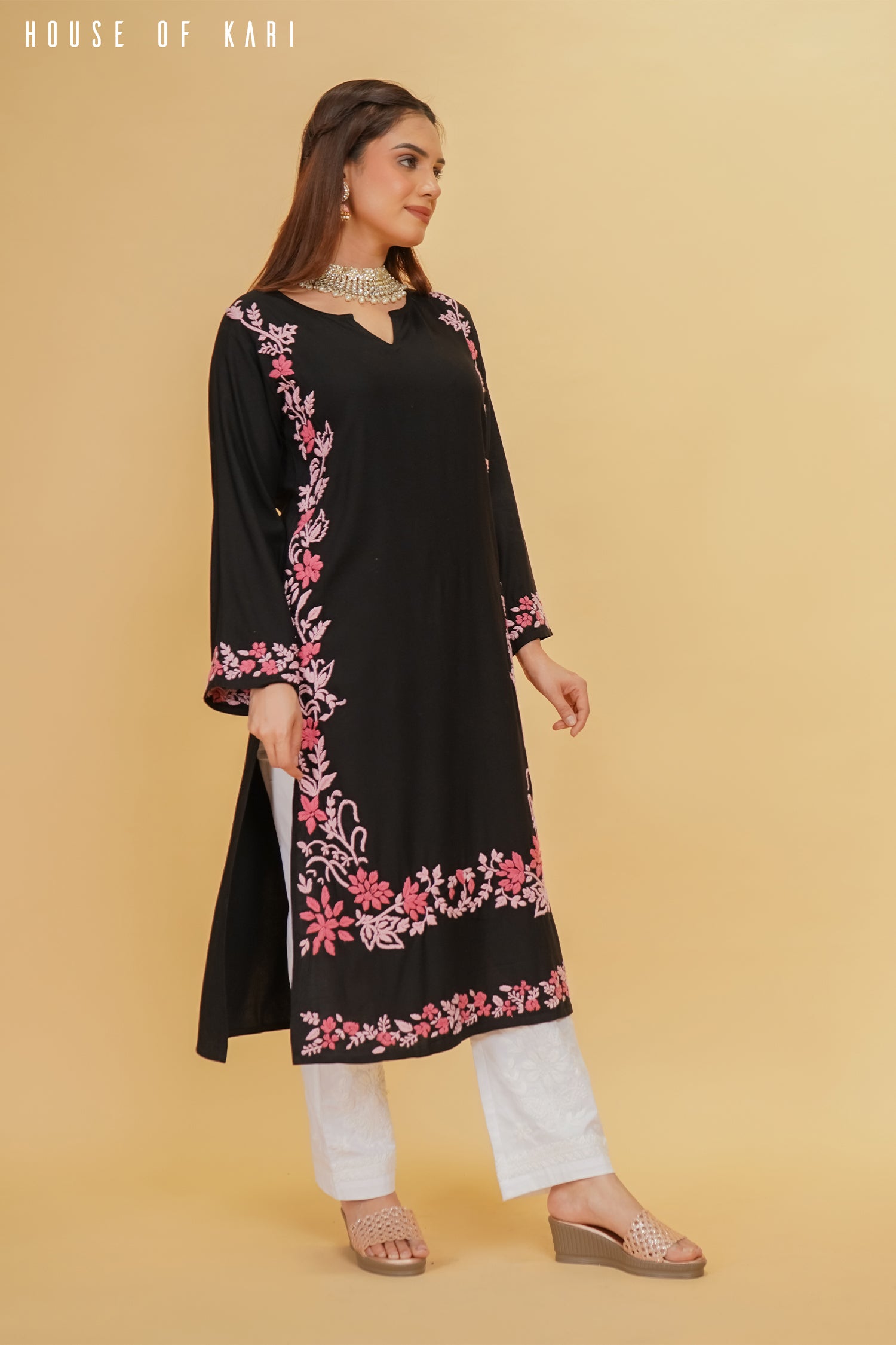 Rayaon Chikankari Kurta in Black Pink Hand Embroidery