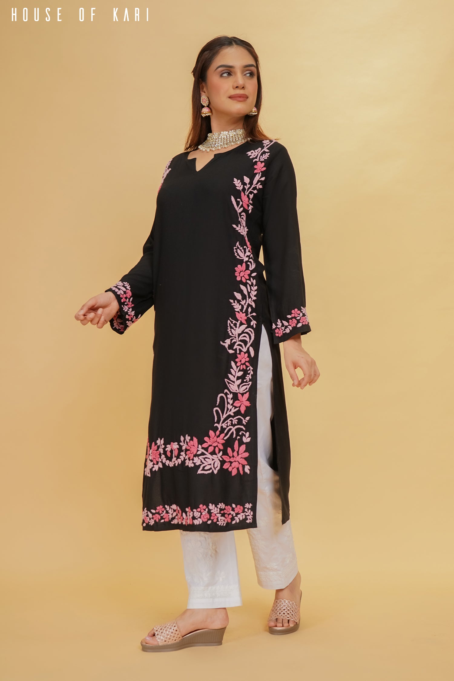 Rayaon Chikankari Kurta in Black Pink Hand Embroidery