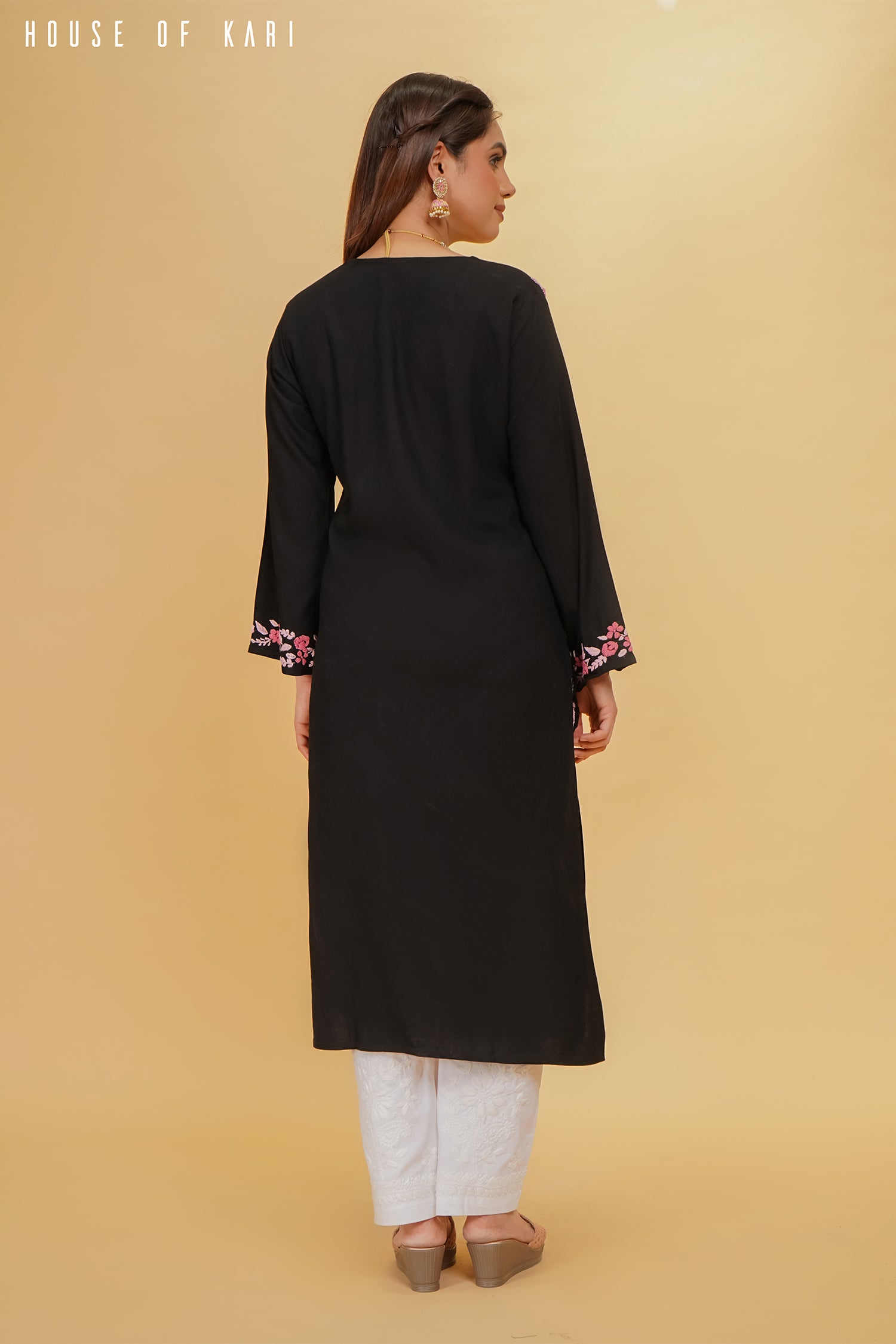 Rayaon Chikankari Kurta in Black Pink Hand Embroidery