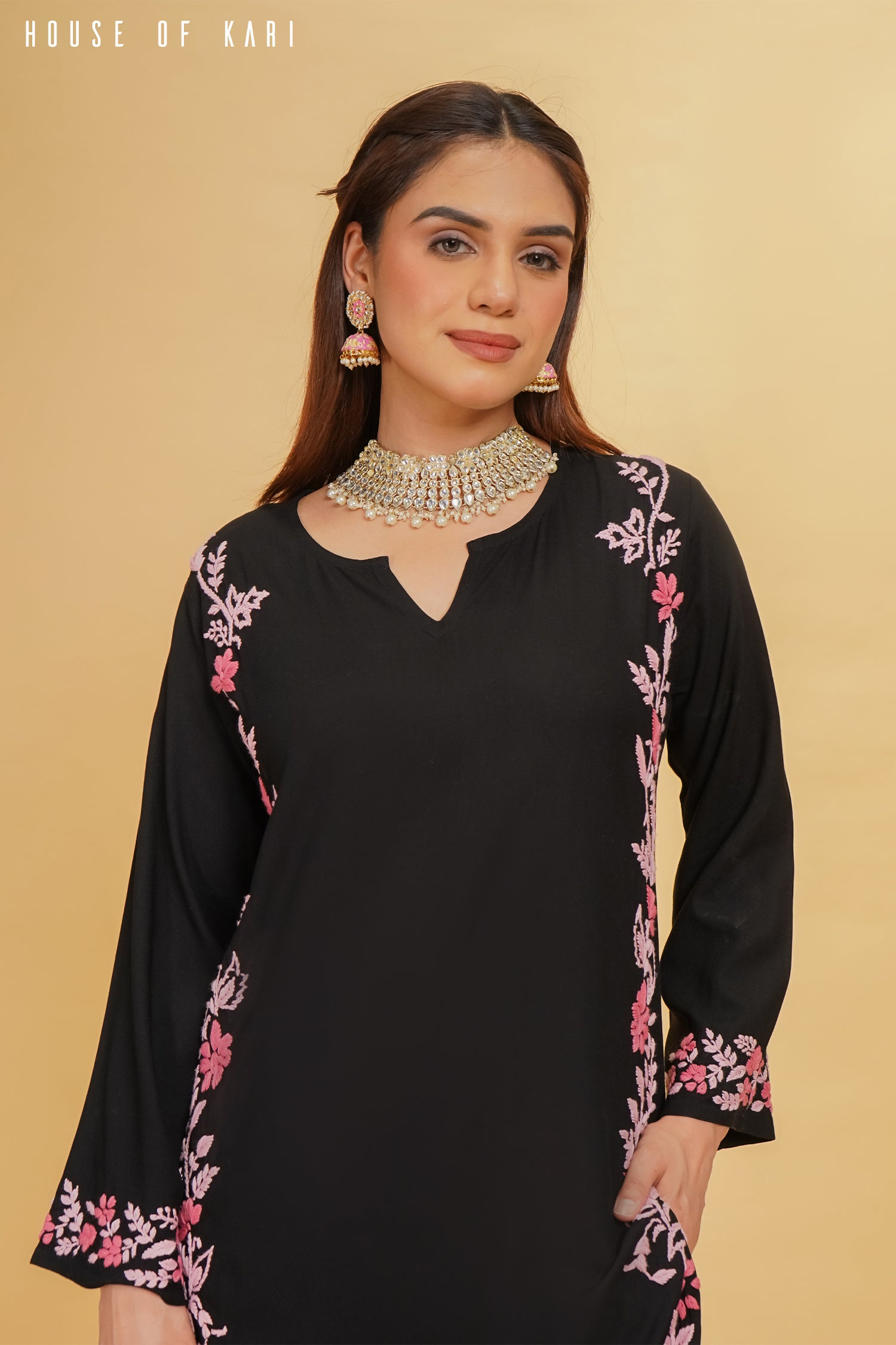 Rayaon Chikankari Kurta in Black Pink Hand Embroidery