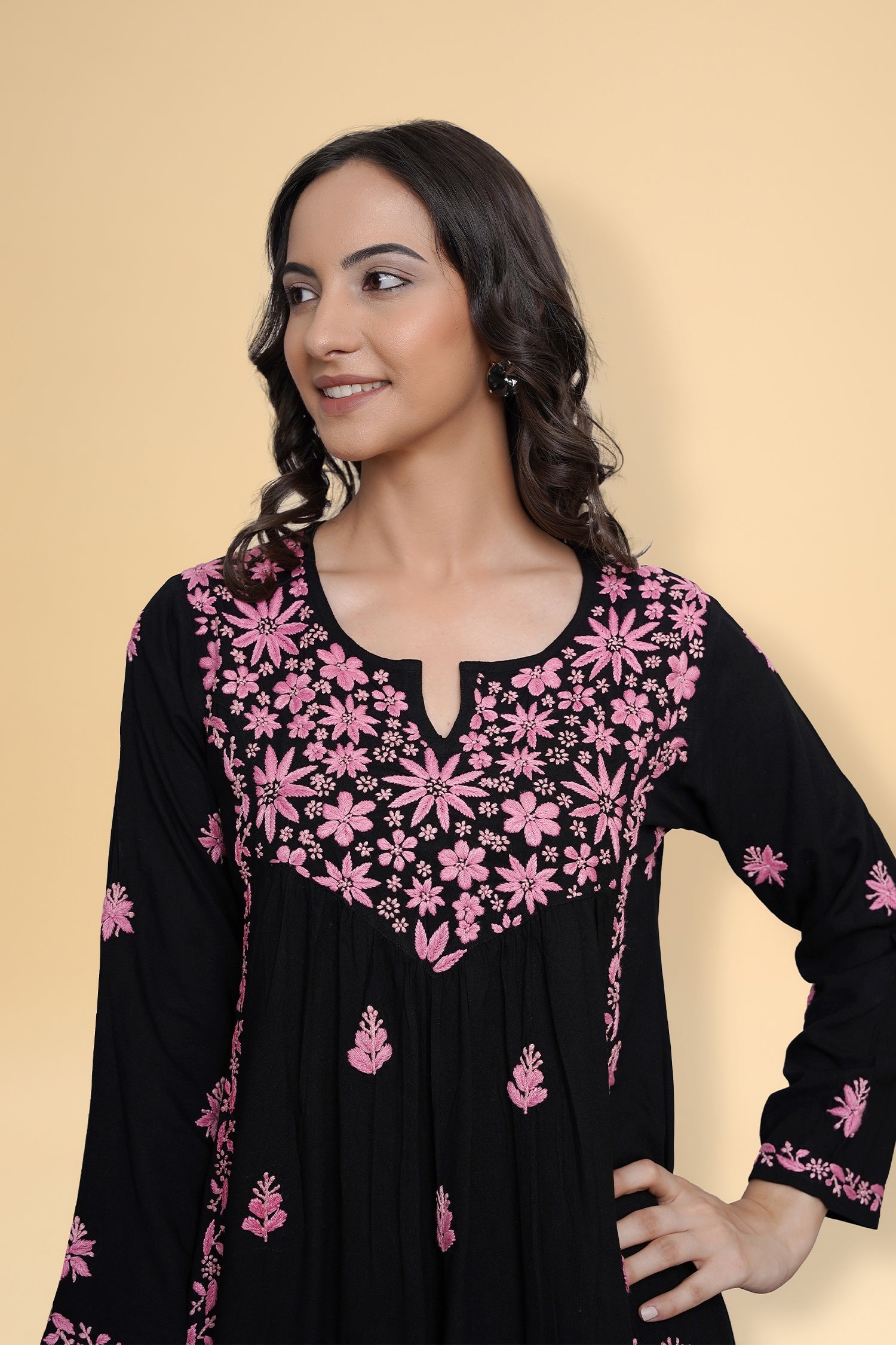 Saba Chikankari Long Kurta in Rayon Cotton - Black