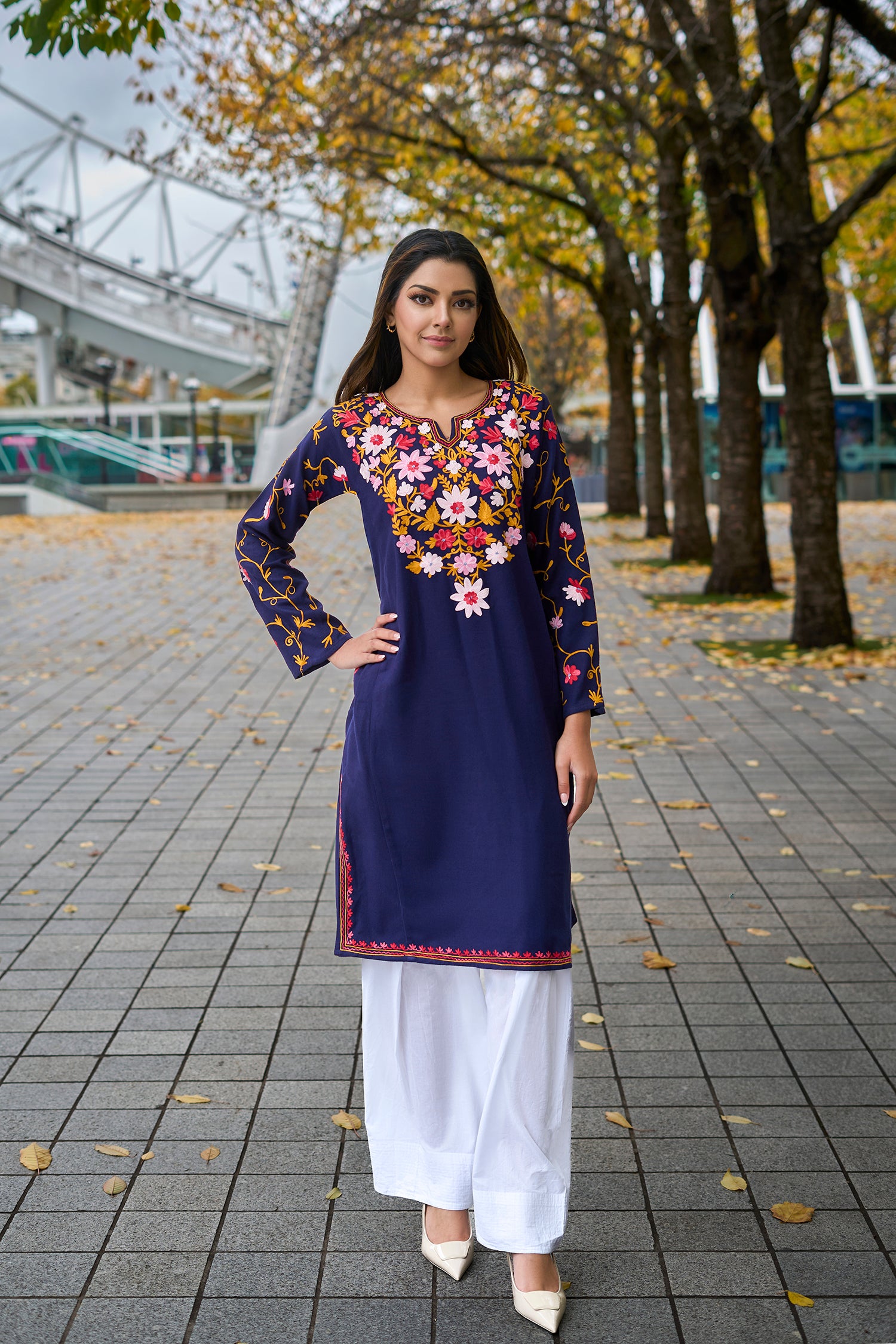 Woolen Phiran in Kashmiri Aari Embroidery - Blue