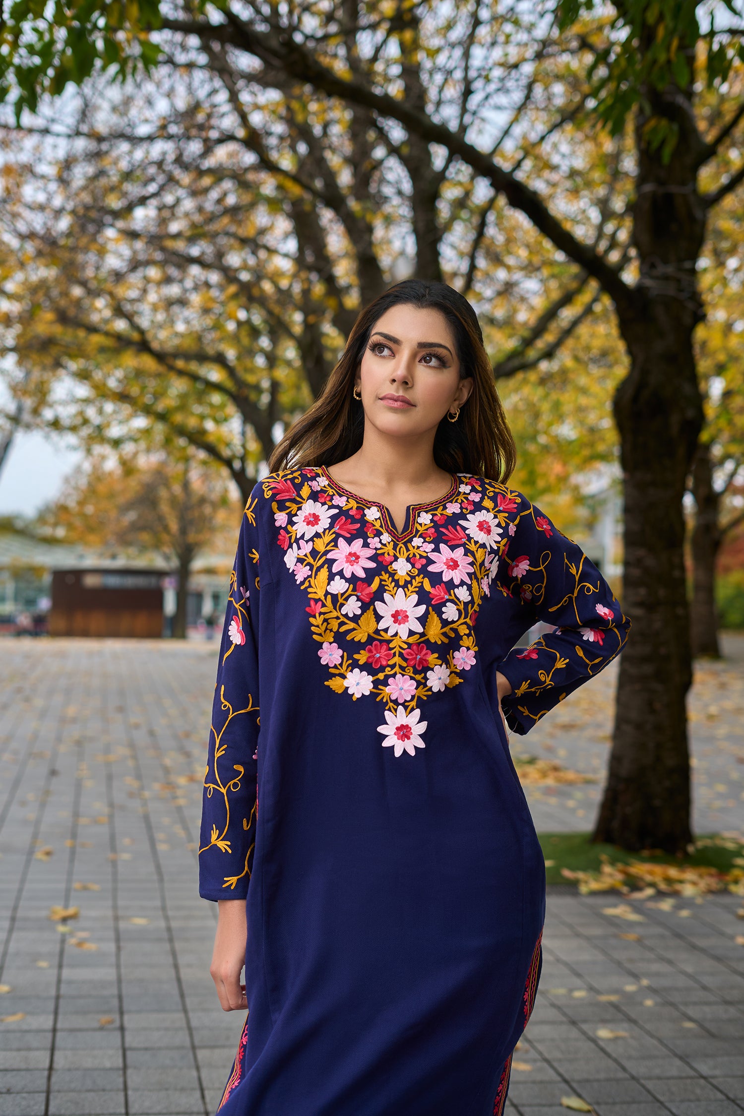 Woolen Phiran in Kashmiri Aari Embroidery - Blue