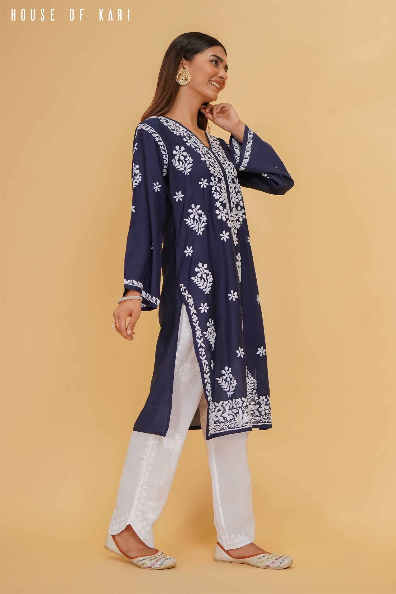 Muslin Chikankari Long Kurta In Navy Blue