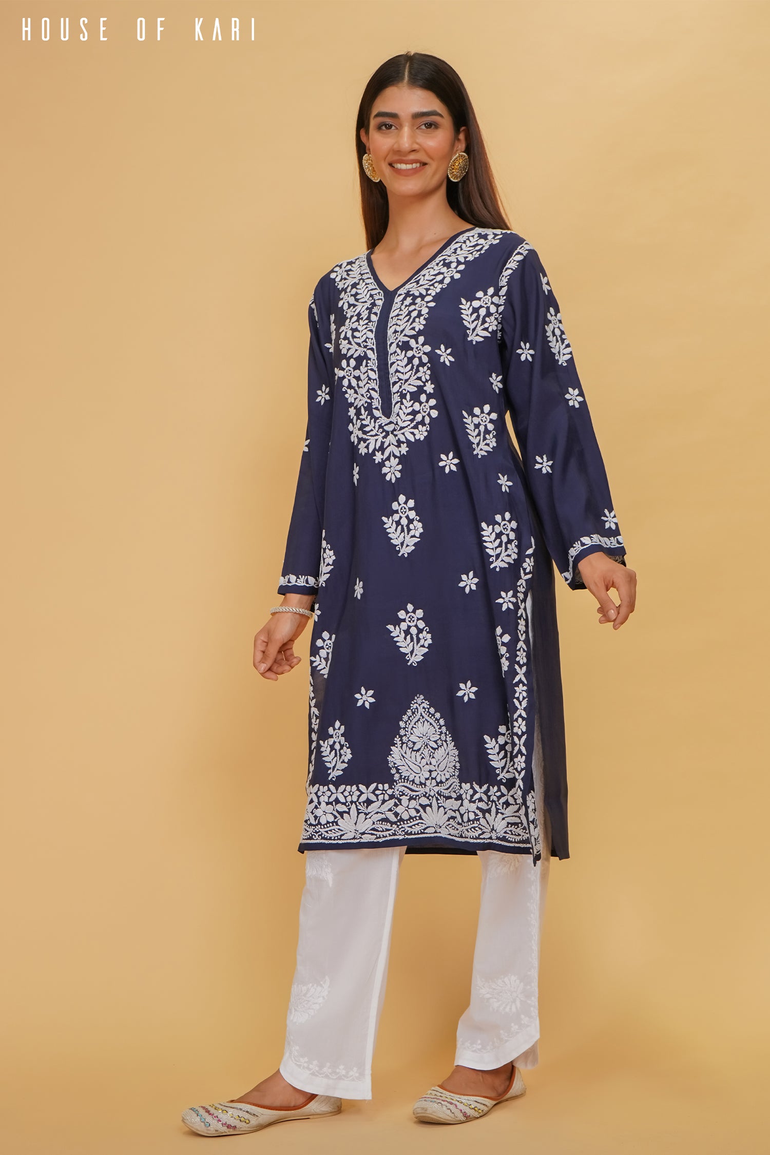 Muslin Chikankari Long Kurta In Navy Blue