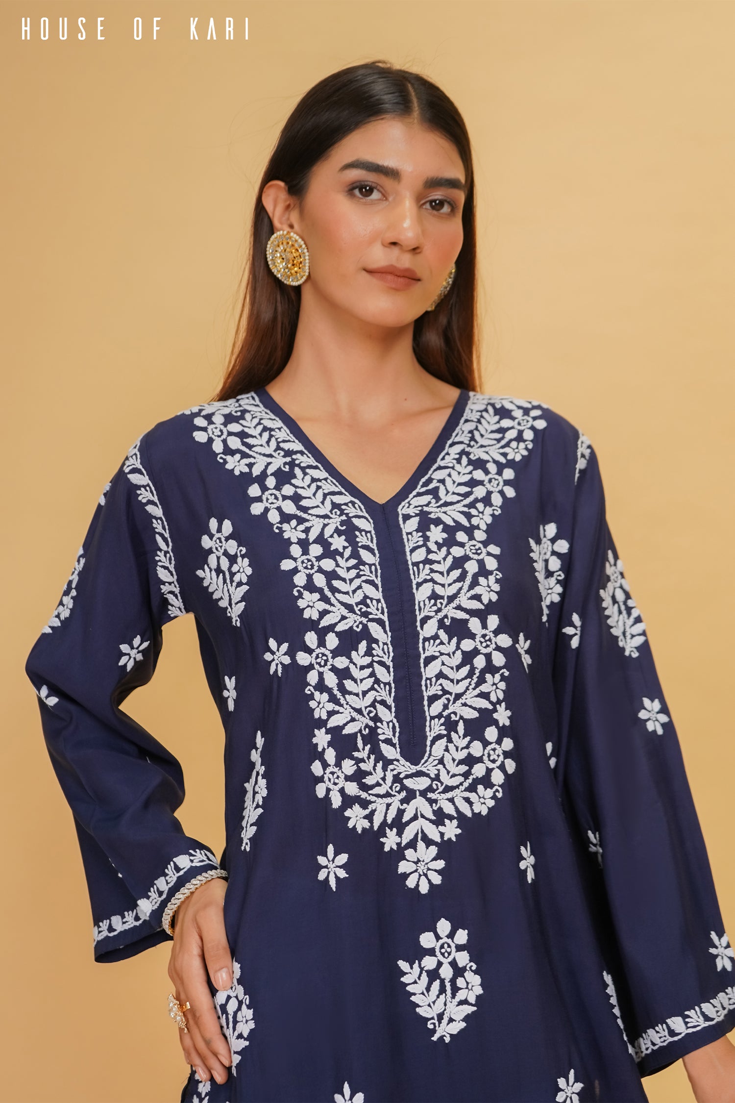 Muslin Chikankari Long Kurta In Navy Blue