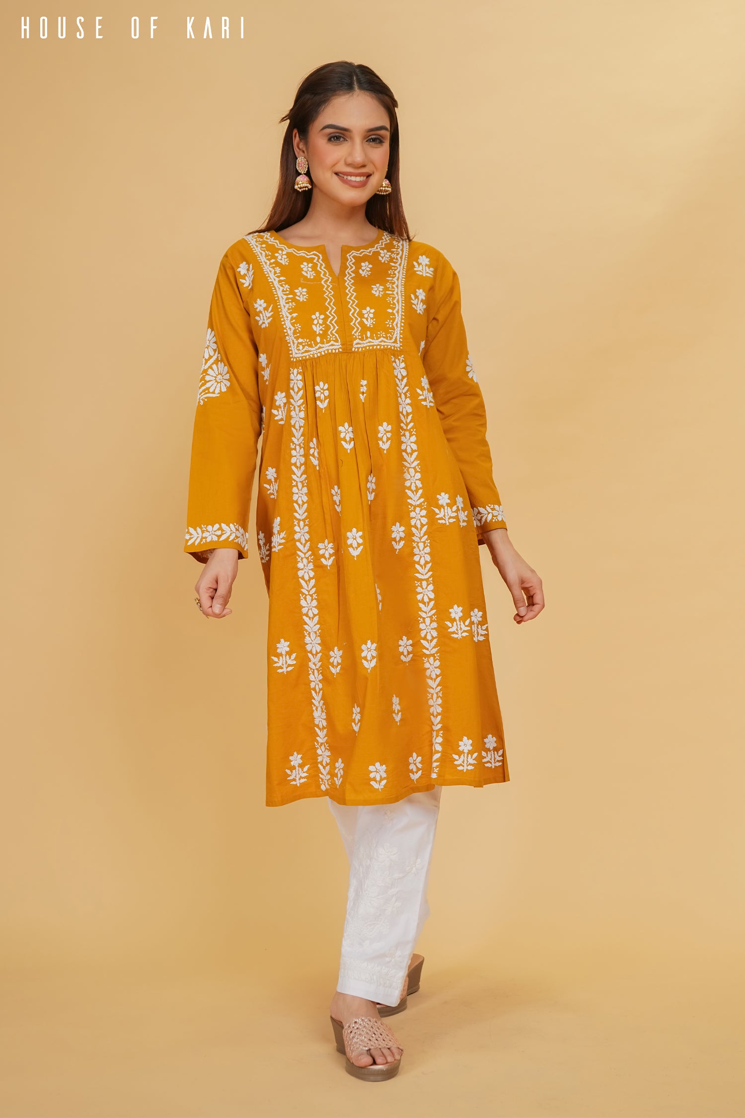 Cotton Chikankari Flared Kurta in Mustard Yellow